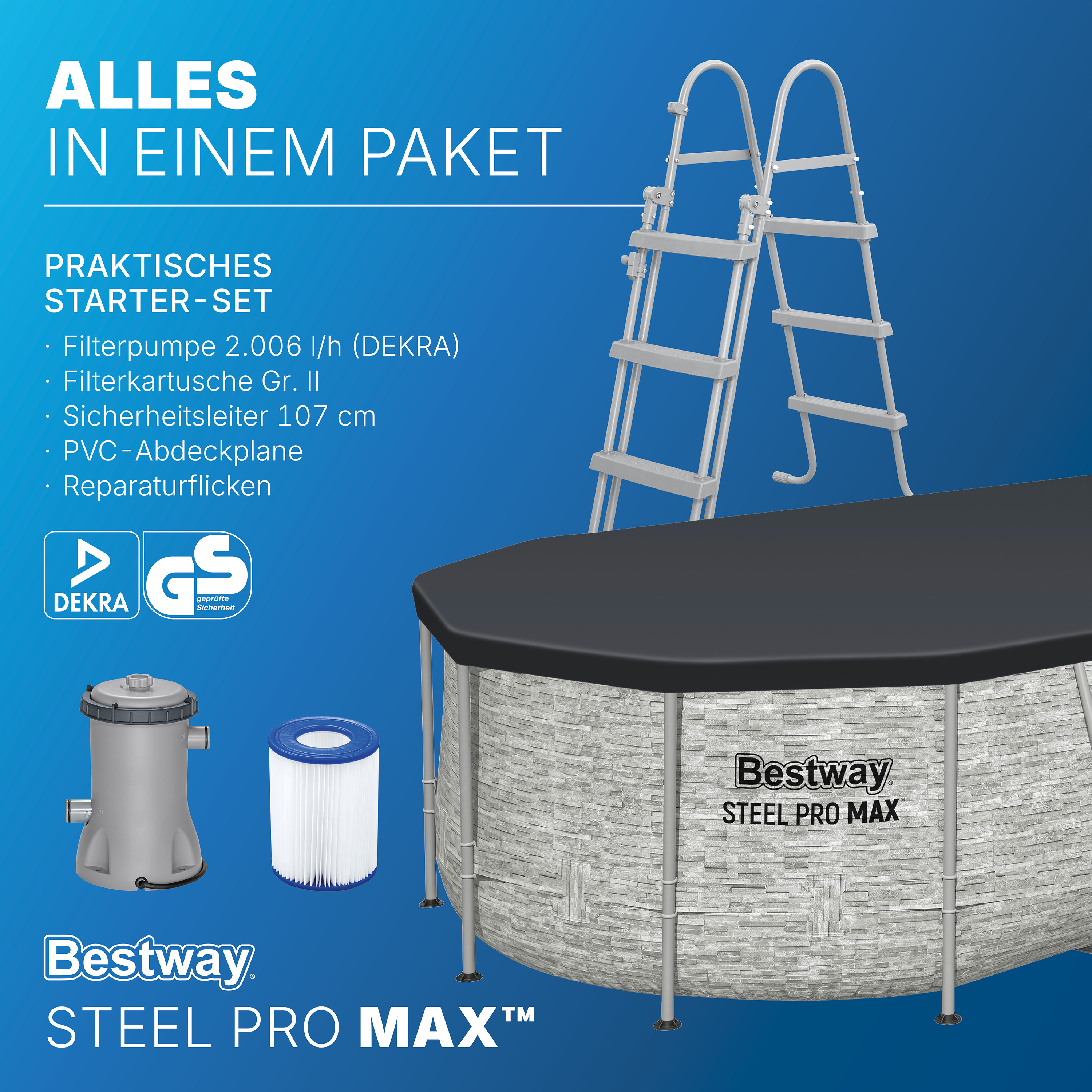 Steel Pro MAX™ Splashview™ Frame Pool Komplett Set mit Filterpumpe 427 x 250 x 100 cm, Steinwand-Optik (Cremegrau), oval