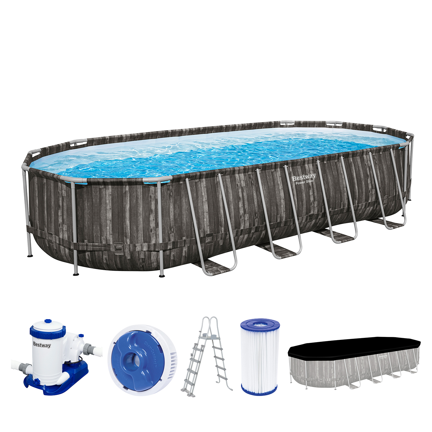 Power Steel™ Frame Pool Komplett-Set mit Filterpumpe 732 x 366 x 132 cm, Holz-Optik (Mooreiche), oval