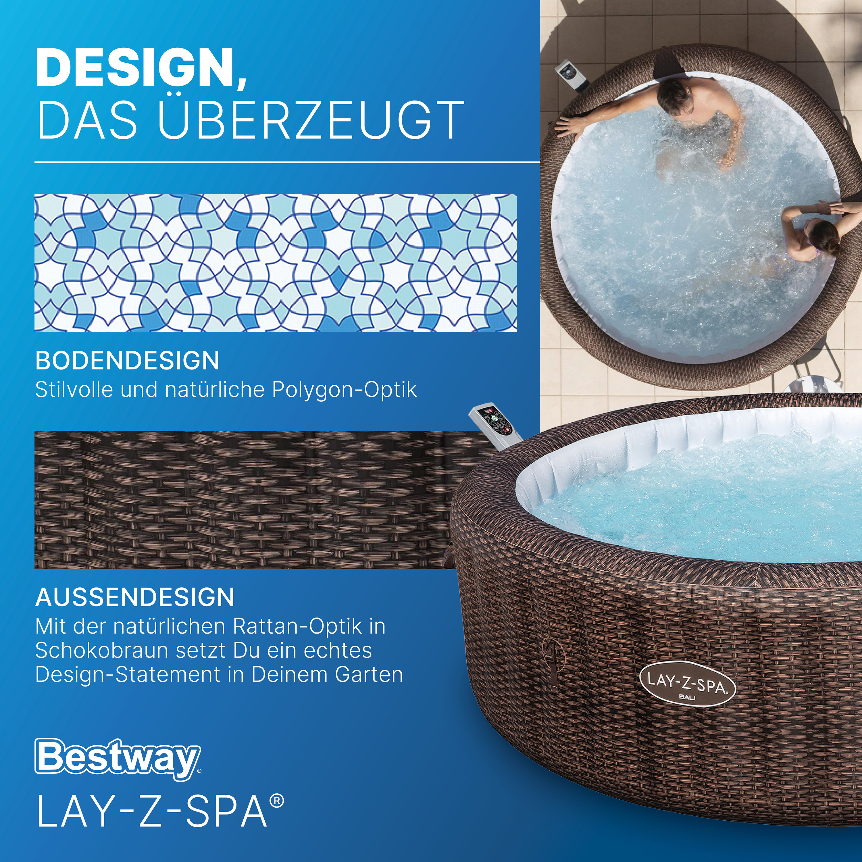 LAY-Z-SPA® Energiespar Whirlpool Bali AirJet™ mit App-Steuerung, für 7 Personen, Ø 216 x 71 cm, Rattan-Optik (Schokobraun)