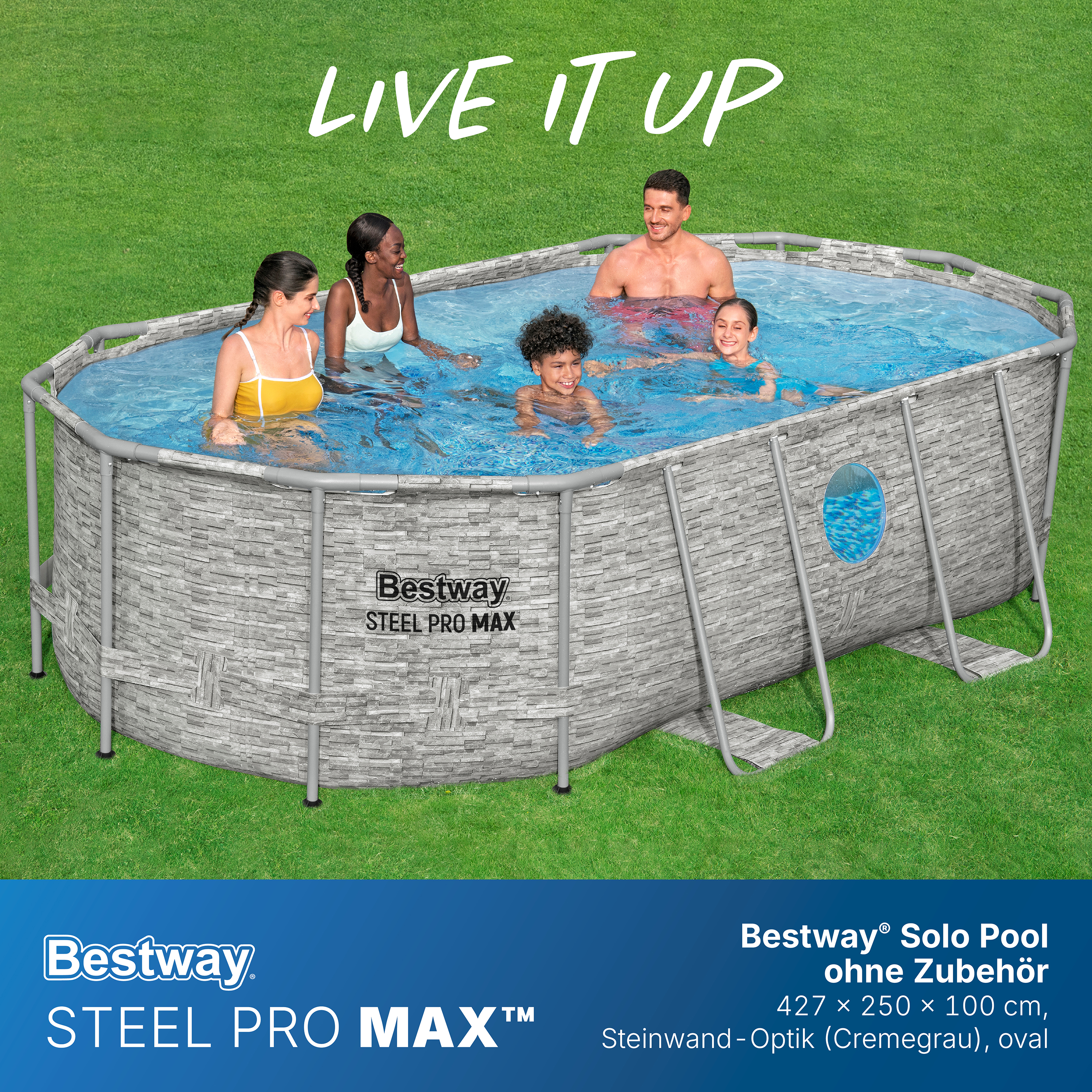 Steel Pro MAX™ Splashview™ Solo Pool ohne Zubehör 427 x 250 x 100 cm, Steinwand-Optik (Cremegrau), oval