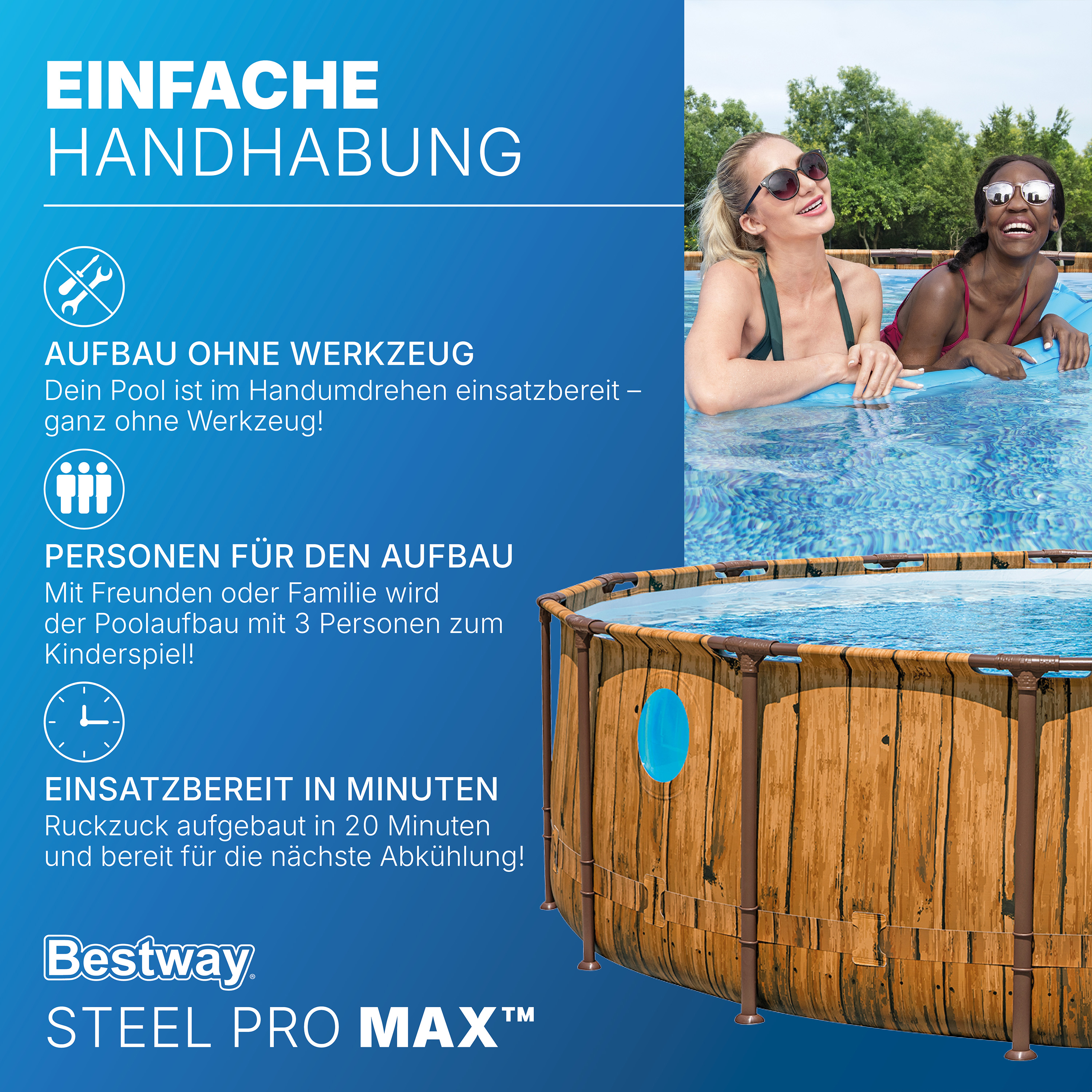 Steel Pro MAX™ Splashview™ Frame Pool Komplett Set mit Filterpumpe Ø 488 x 122 cm, Holz-Optik (Pinie), rund