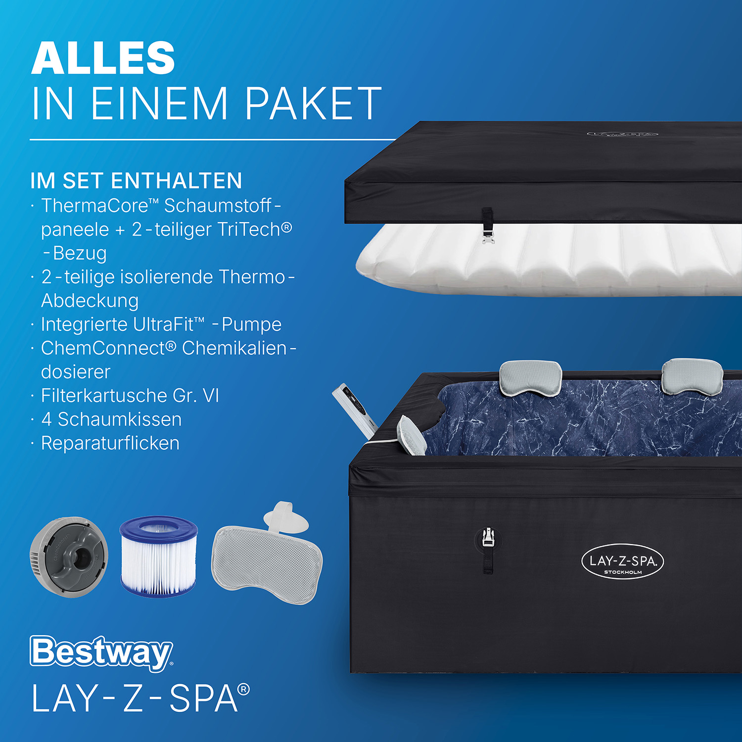LAY-Z-SPA® ThermaCore™ Energiespar Whirlpool Stockholm AirJet™ mit App Steuerung, für 6 Personen, 164 x 164 x 65 cm, eckig