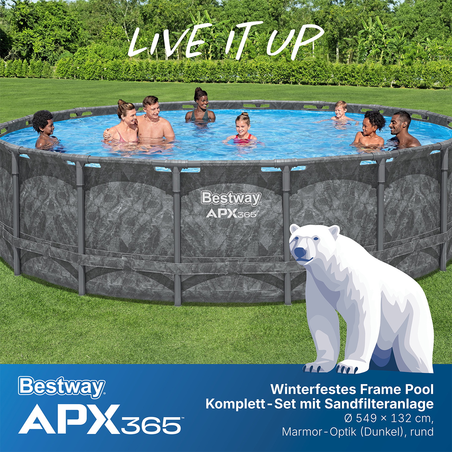 APX365™ Winterfestes Frame Pool Komplett-Set mit Sandfilteranlage Ø 549 x 132 cm, Marmor-Optik (Dunkel), rund APX365™ Winterfestes Frame Pool Komplett Set mit Sandfilteranlage Ø 549 x 132 cm, Marmor-Optik (Dunkel), rund