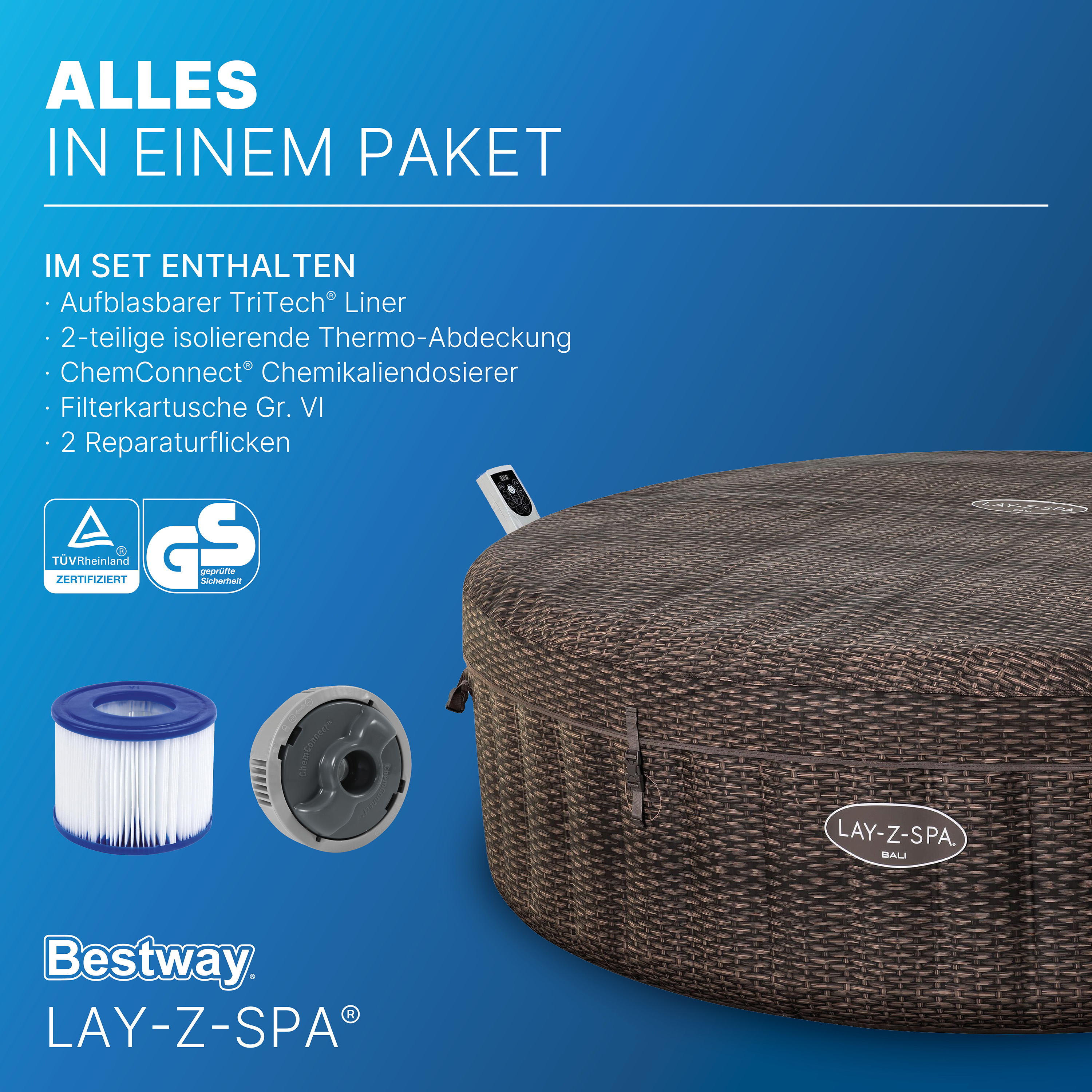 LAY-Z-SPA® Energiespar Whirlpool Bali AirJet™ mit App-Steuerung, für 7 Personen, Ø 216 x 71 cm, Rattan-Optik (Schokobraun)