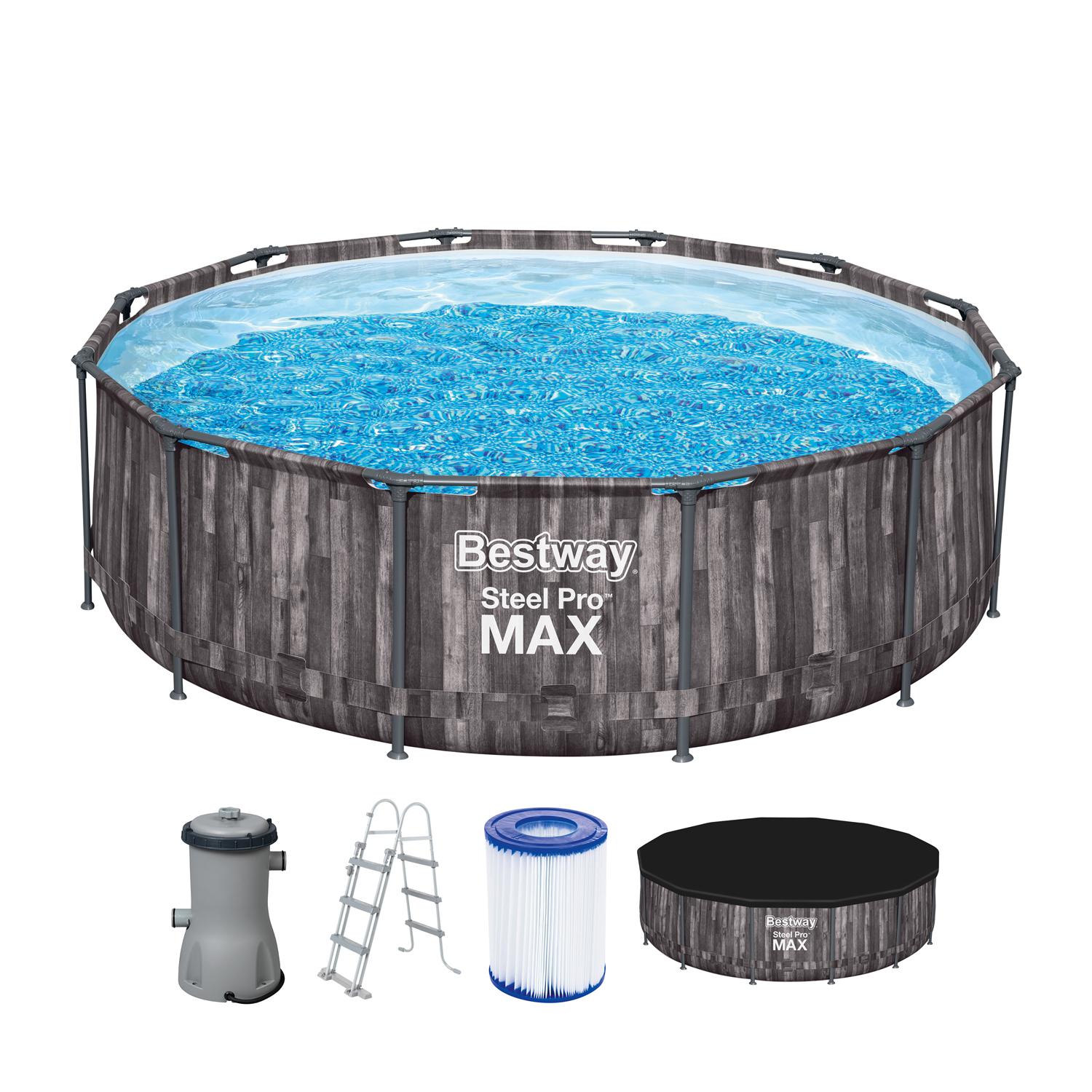 Steel Pro MAX™ Auftstellpool-Komplett-Set mit Filterpumpe Ø 427 x 107 cm, Holz-Optik (Mooreiche), rund