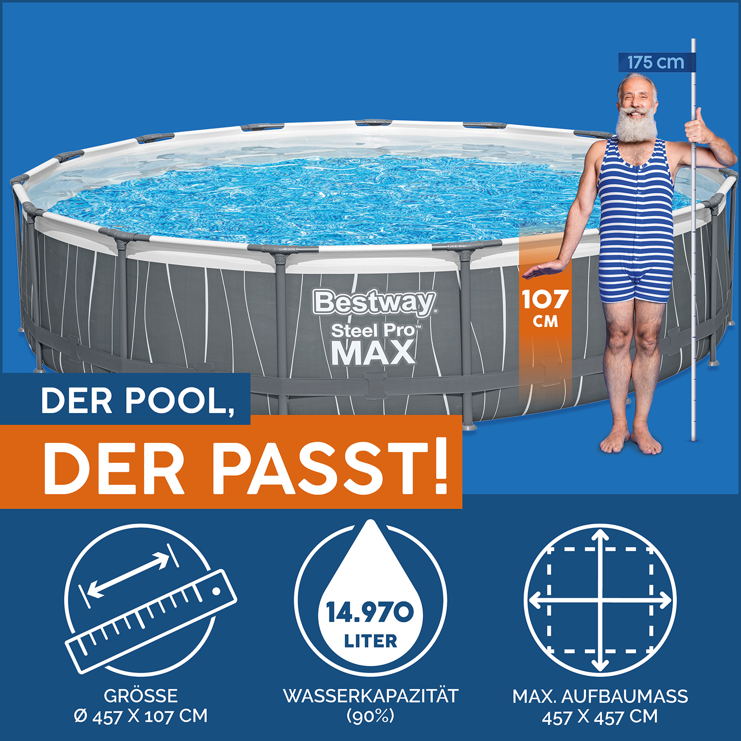 Steel Pro MAX™ Frame Pool Komplett-Set mit Filterpumpe Ø 457 x 107 cm, LED-Design, rund