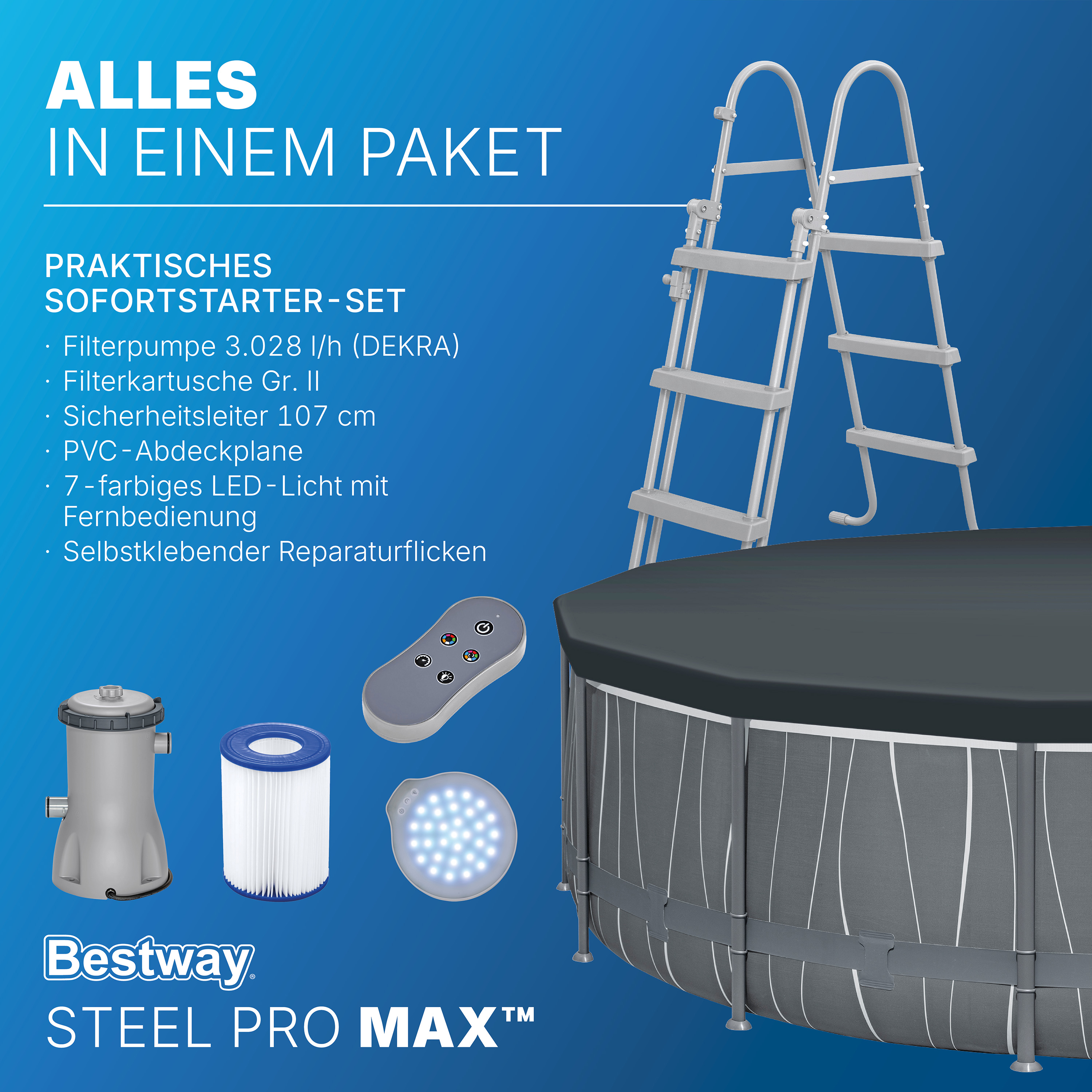 Steel Pro MAX™ Frame Pool Komplett Set mit Filterpumpe Ø 457 x 107 cm, LED-Design, rund