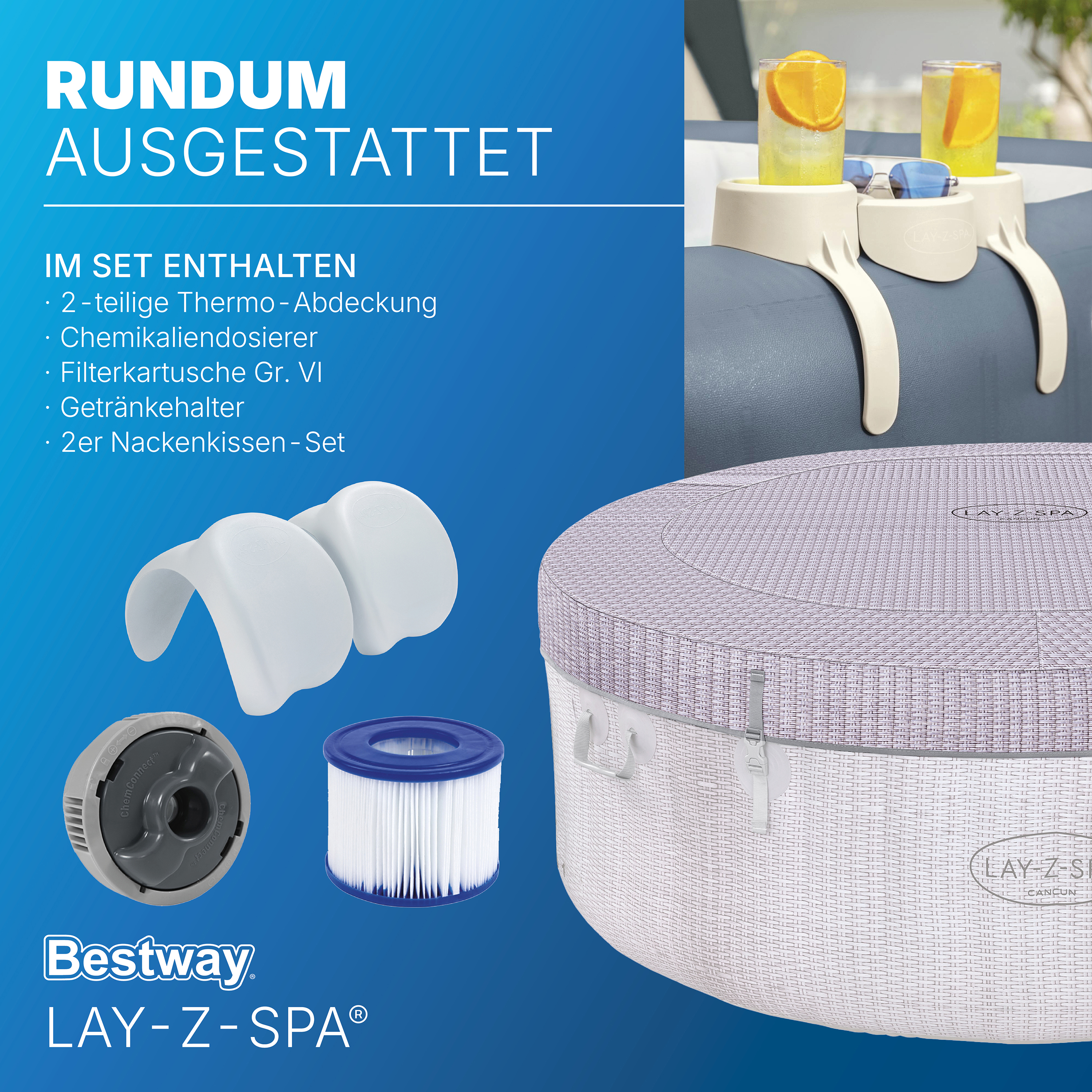 Bestway® LAY-Z-SPA® Whirlpool - Set Cancun AirJet™ mit Getränkehaltern & Kissen Ø 180 x 66 cm