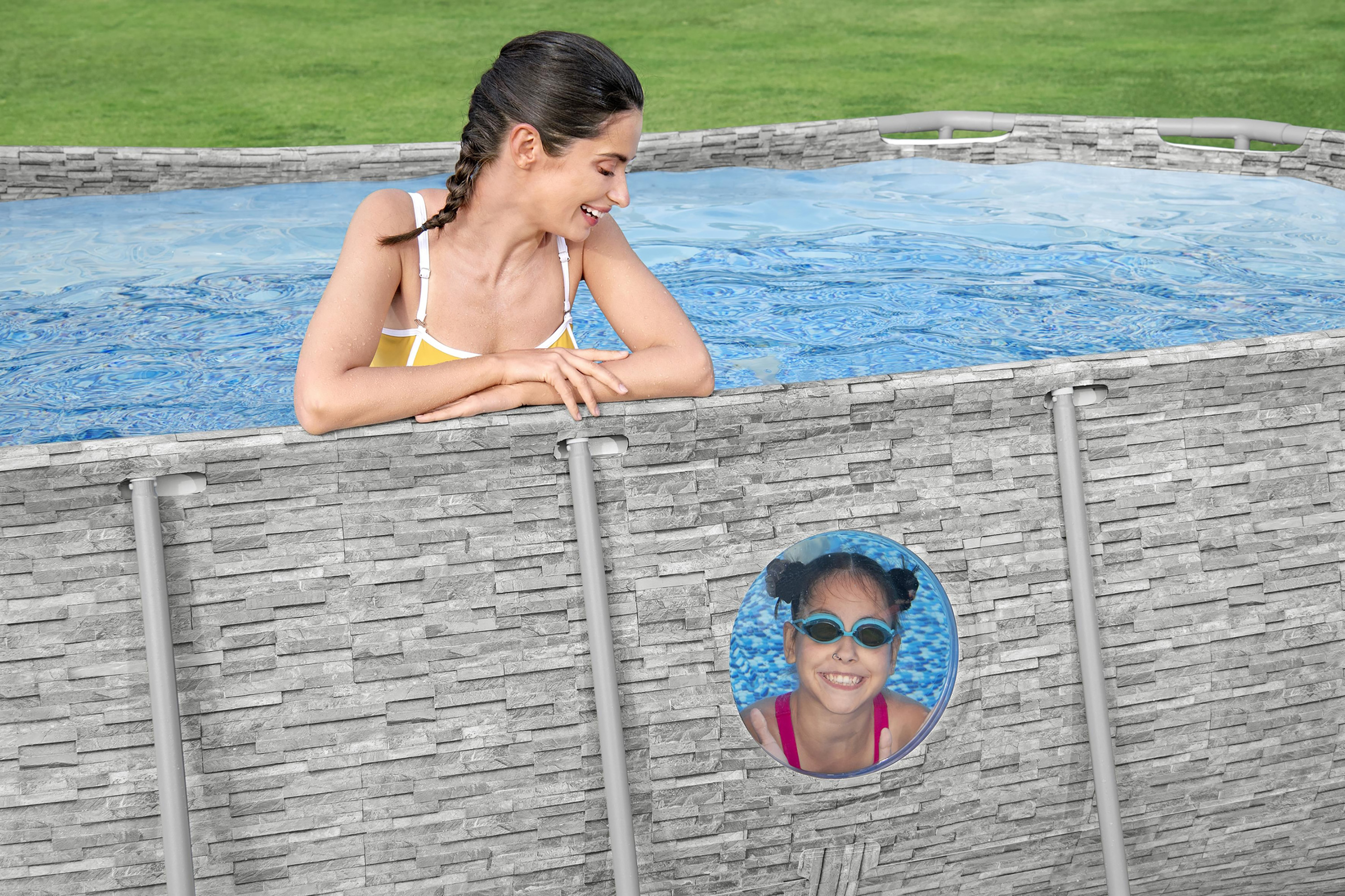 Steel Pro MAX™ Splashview™ Solo Pool ohne Zubehör 427 x 250 x 100 cm, Steinwand-Optik (Cremegrau), oval