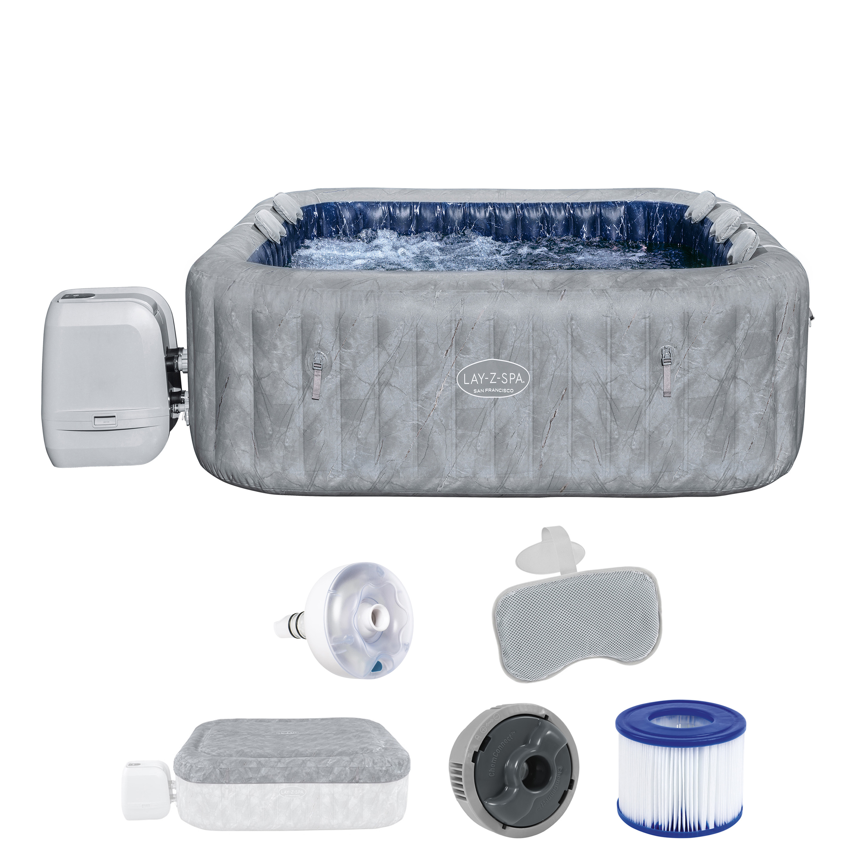 LAY-Z-SPA® WLAN-Whirlpool San Francisco HydroJet Pro™ mit App-Steuerung, für 7 Personen 230 x 230 x 71 cm, Marmor-Optik (Samtgrau)