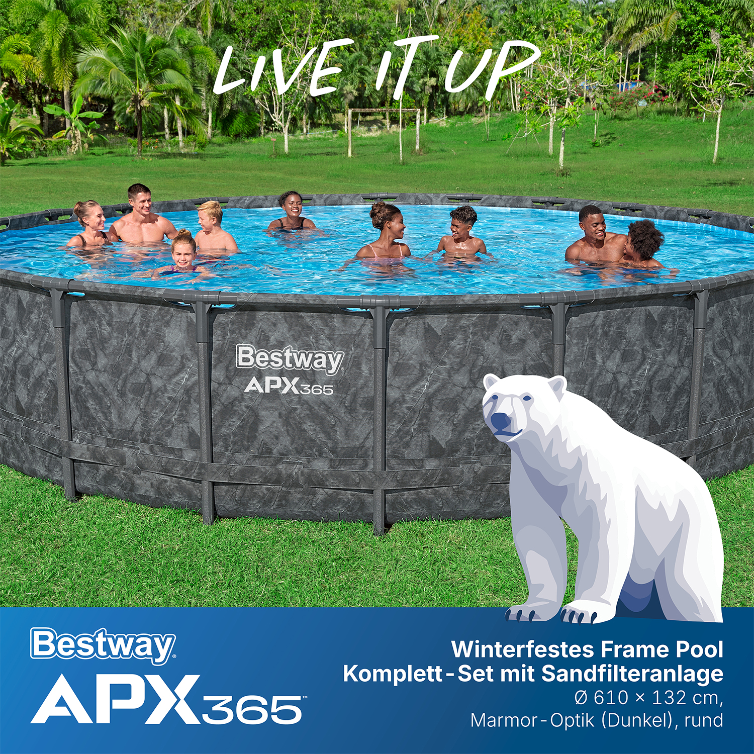 APX365™ Winterfestes Frame Pool Komplett-Set mit Sandfilteranlage Ø 610 x 132 cm, Marmor-Optik (Dunkel), rund