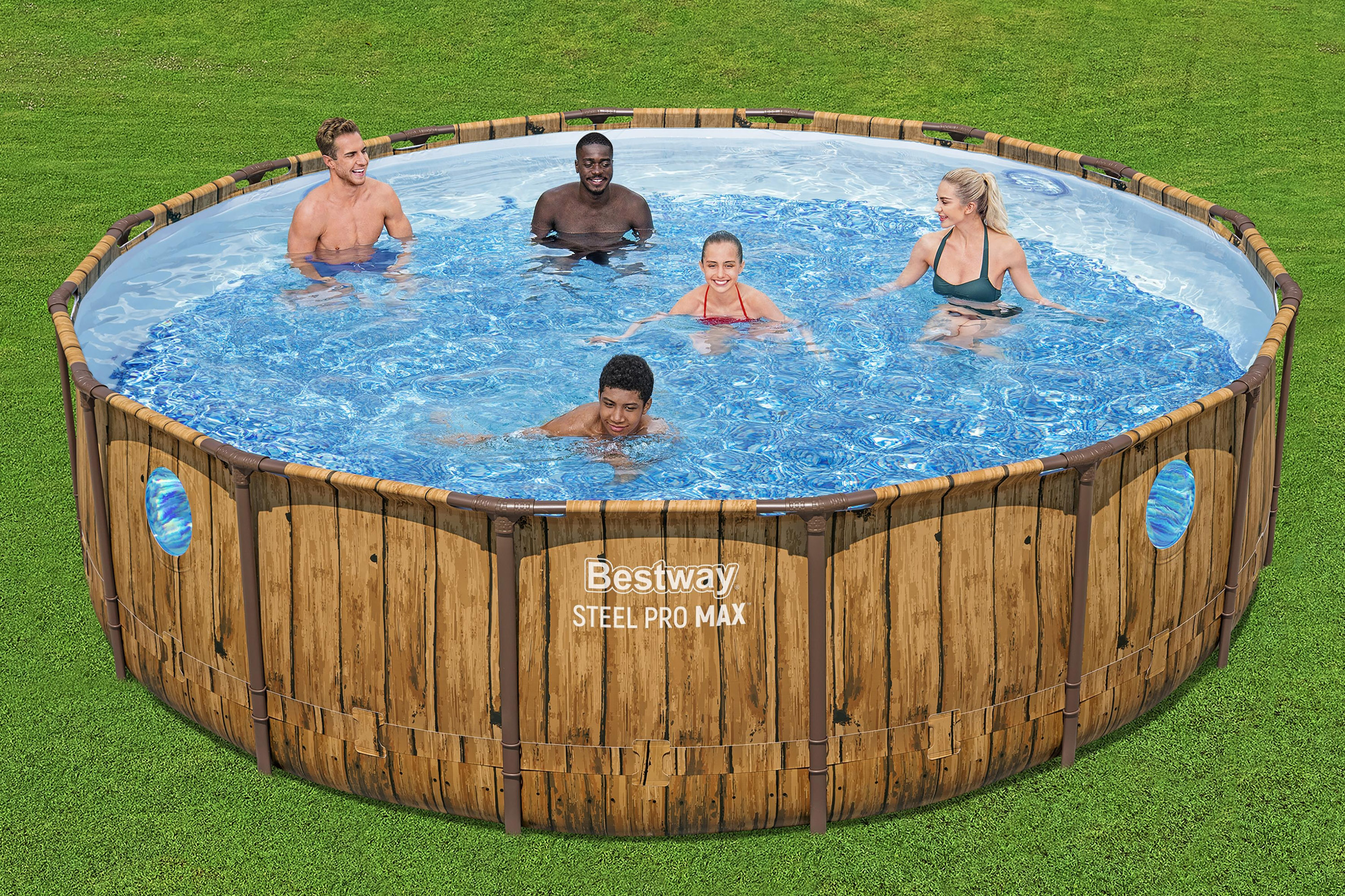 Steel Pro MAX™ Splashview™ Frame Pool Komplett Set mit Filterpumpe Ø 488 x 122 cm, Holz-Optik (Pinie), rund