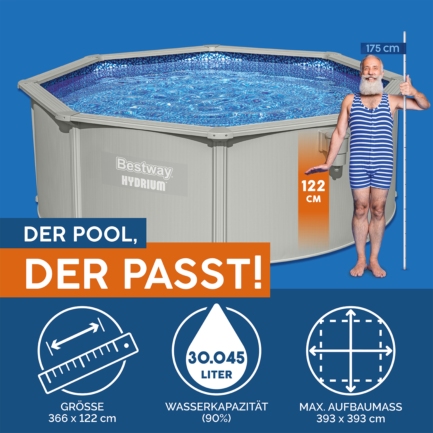 Hydrium™ Stahlwandpool Komplett-Set mit Sandfilteranlage Ø 360 x 120 cm , granitgrau, rund