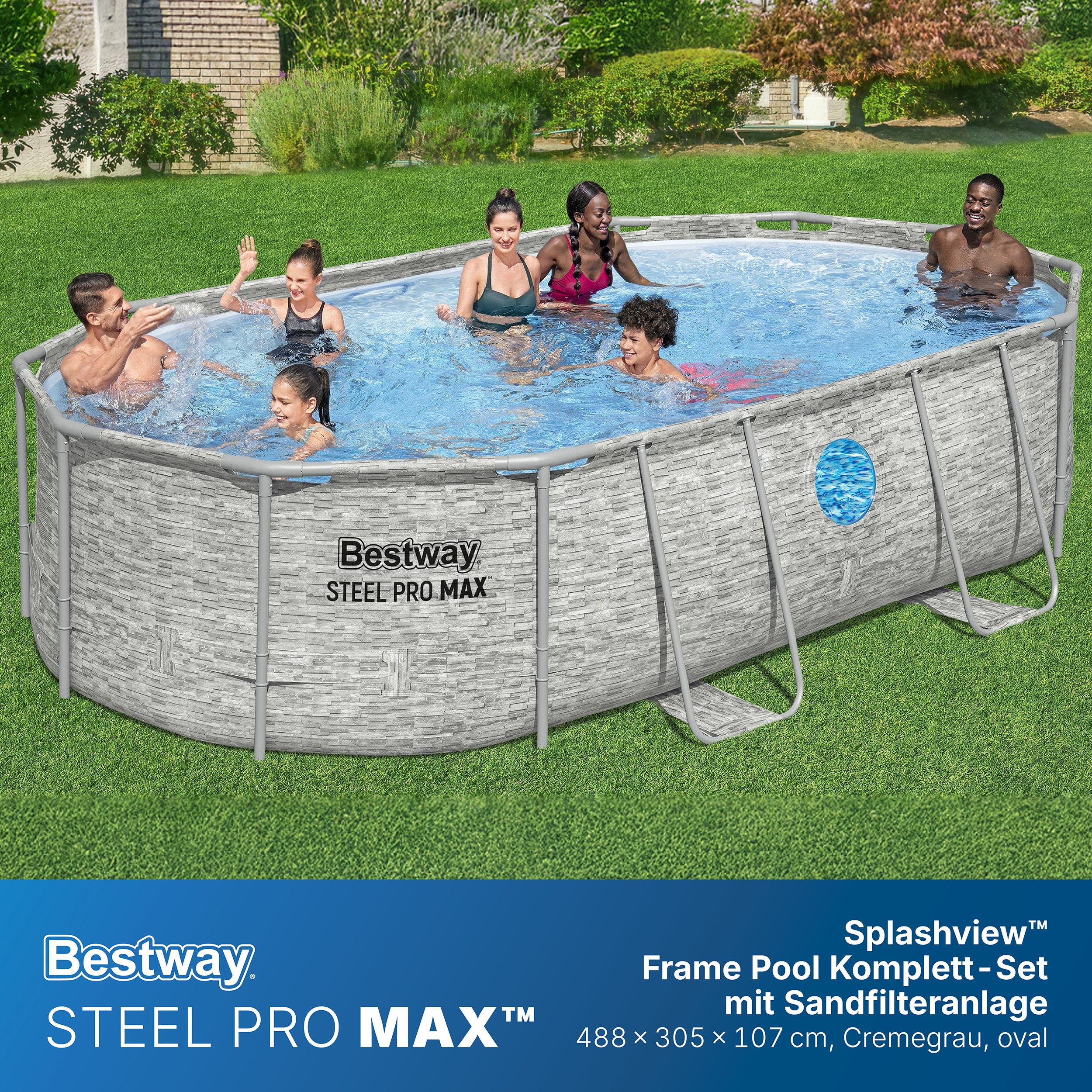 Steel Pro MAX™ Splashview™ Frame Pool Komplett Set mit Sandfilteranlage 488 x 305 x 107 cm , Steinwand-Optik (Cremegrau), oval