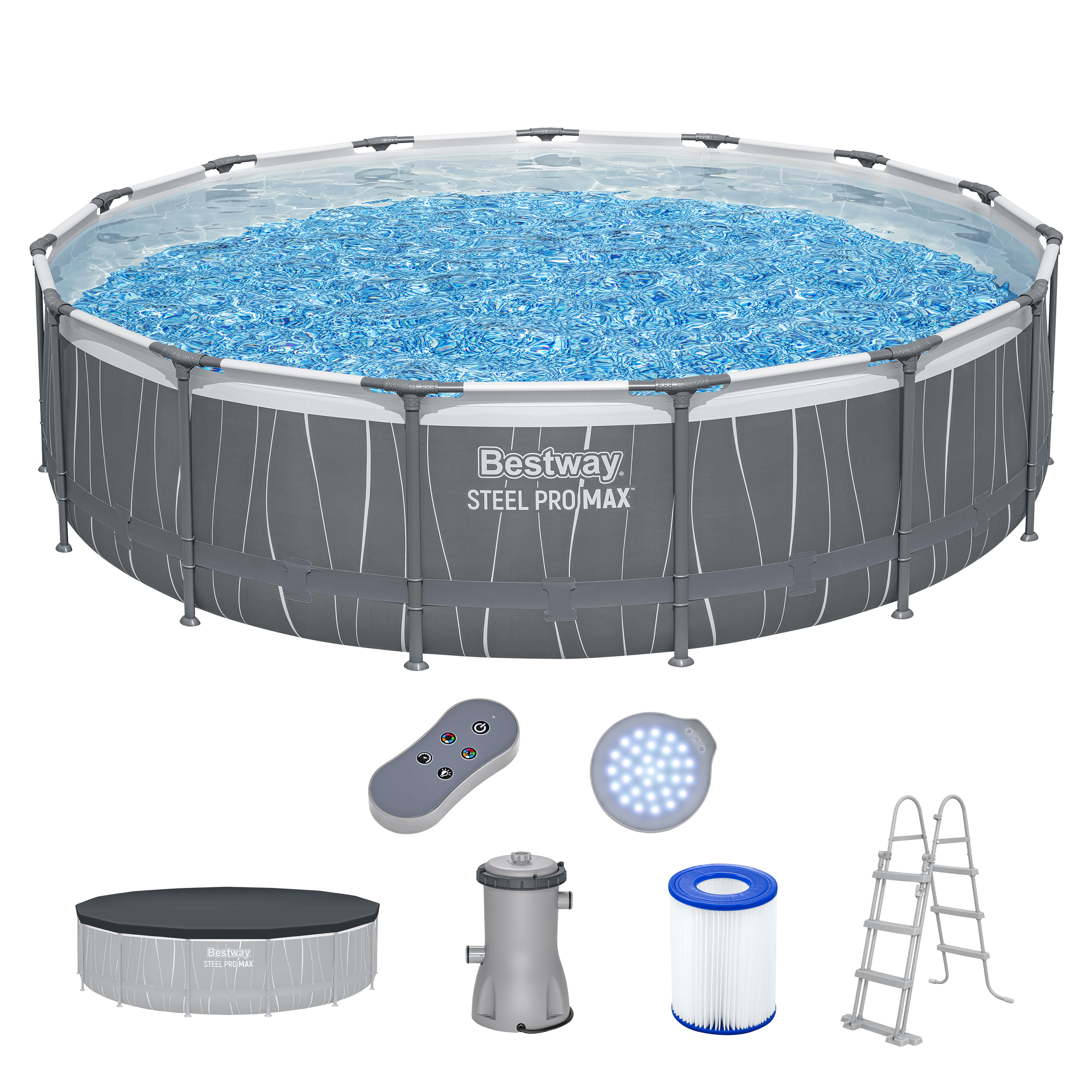 Steel Pro MAX™ Frame Pool Komplett Set mit Filterpumpe Ø 457 x 107 cm, LED-Design, rund