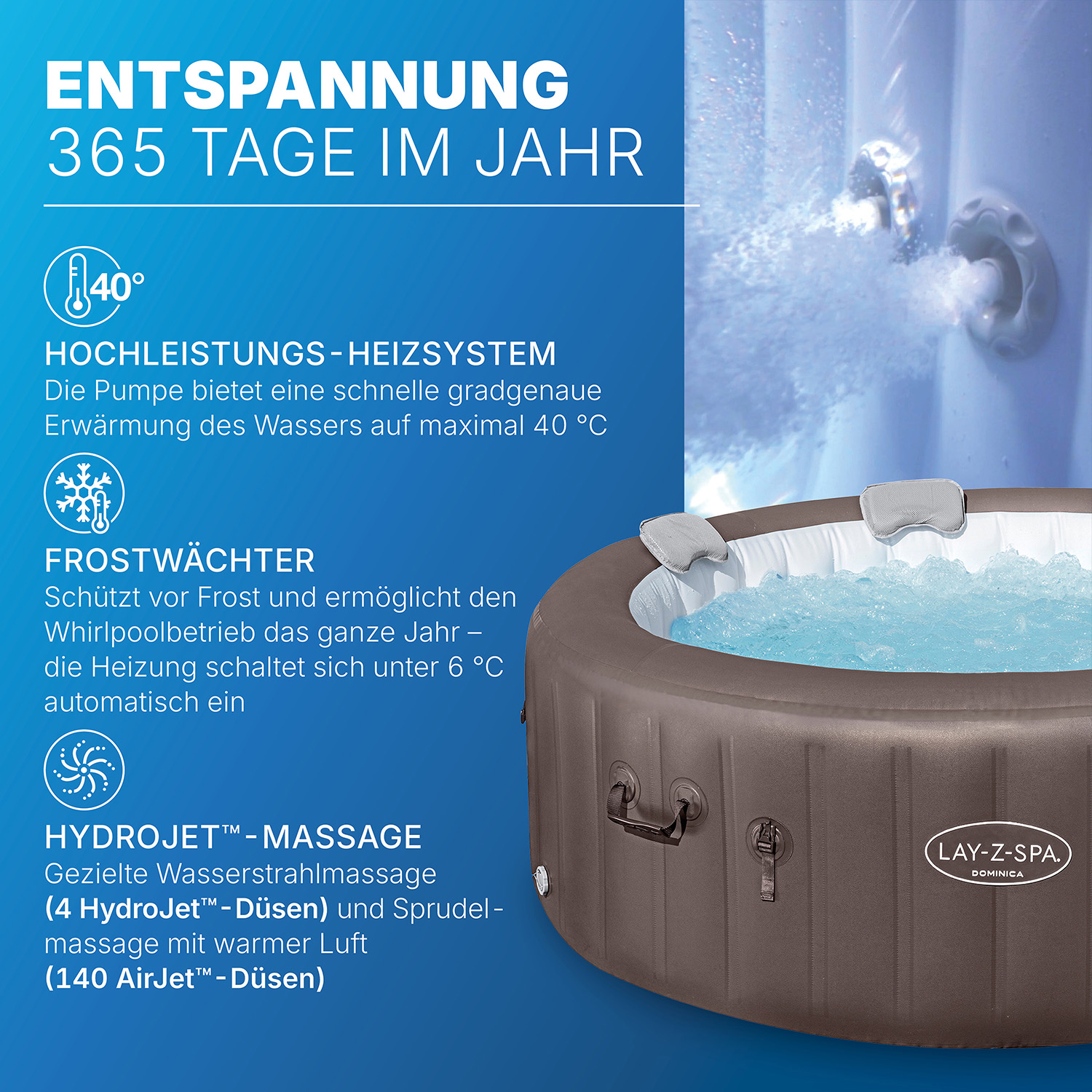 LAY-Z-SPA® Energiespar Whirlpool Dominica HydroJet™ mit App-Steuerung, für 6 Personen Ø 196 x 71 cm, Urbanbraun