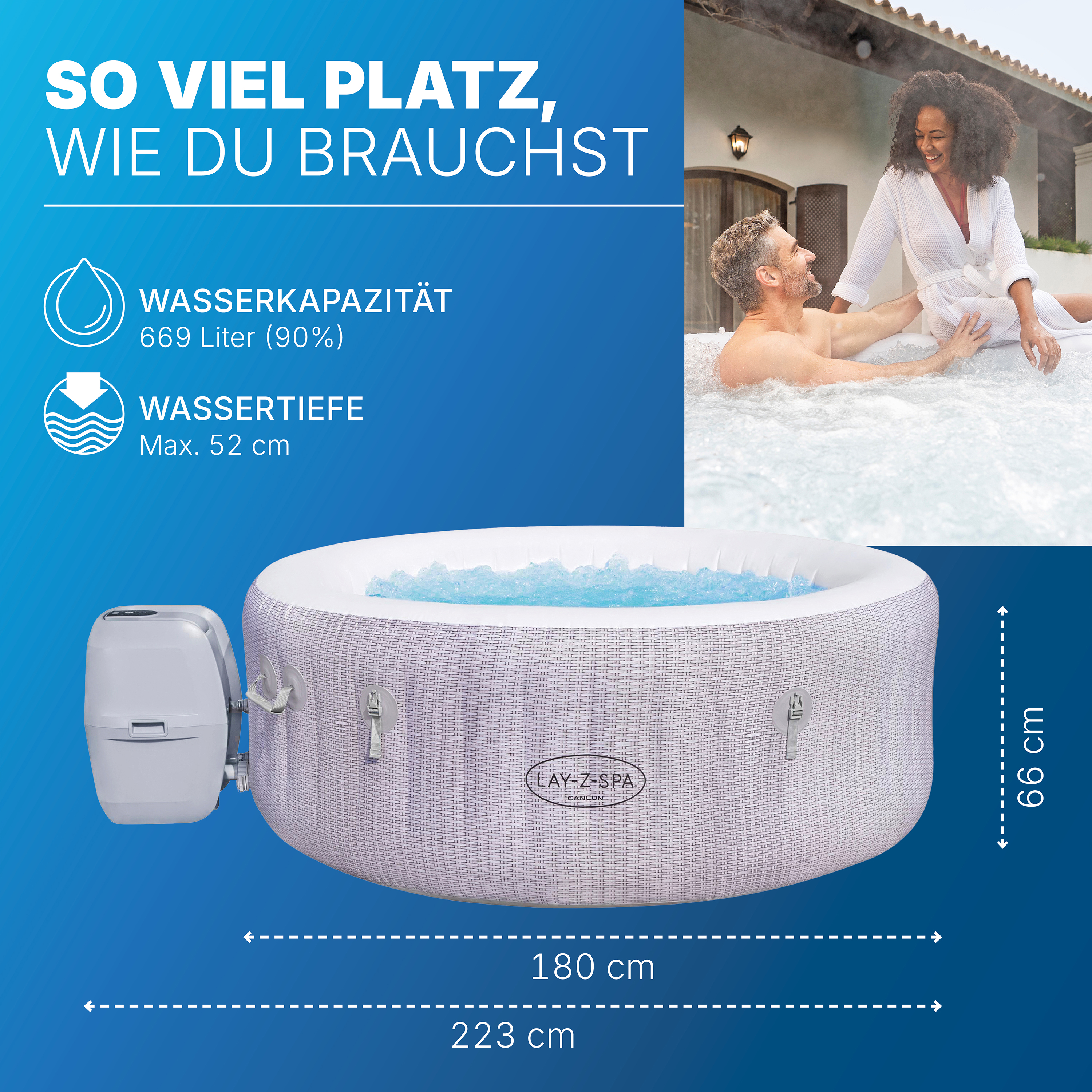 Bestway® LAY-Z-SPA® Whirlpool - Set Cancun AirJet™ mit Getränkehaltern & Kissen Ø 180 x 66 cm