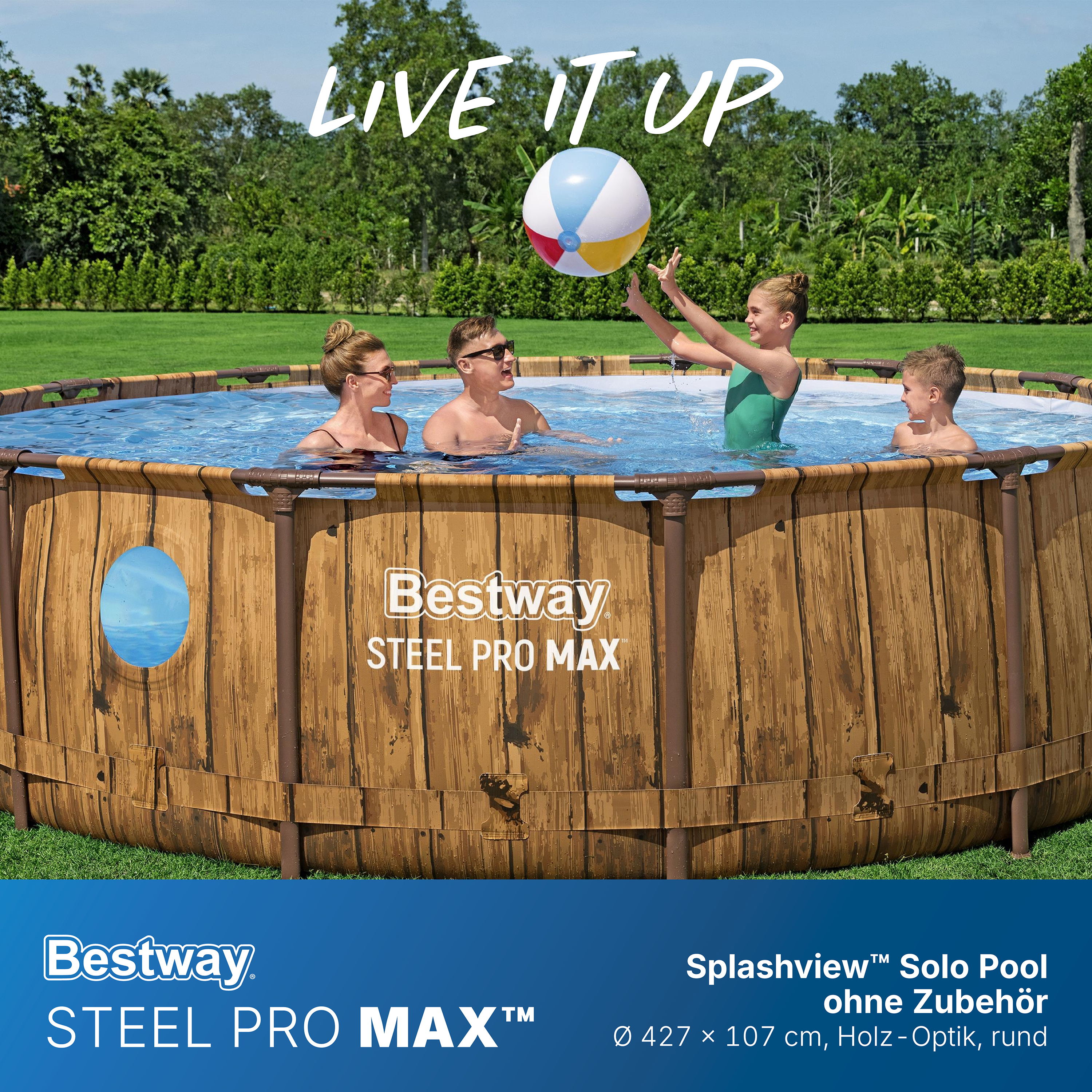 Steel Pro MAX™ Splashview™ Solo Pool ohne Zubehör Ø 427 x 107 cm, Holz-Optik (Pinie), rund