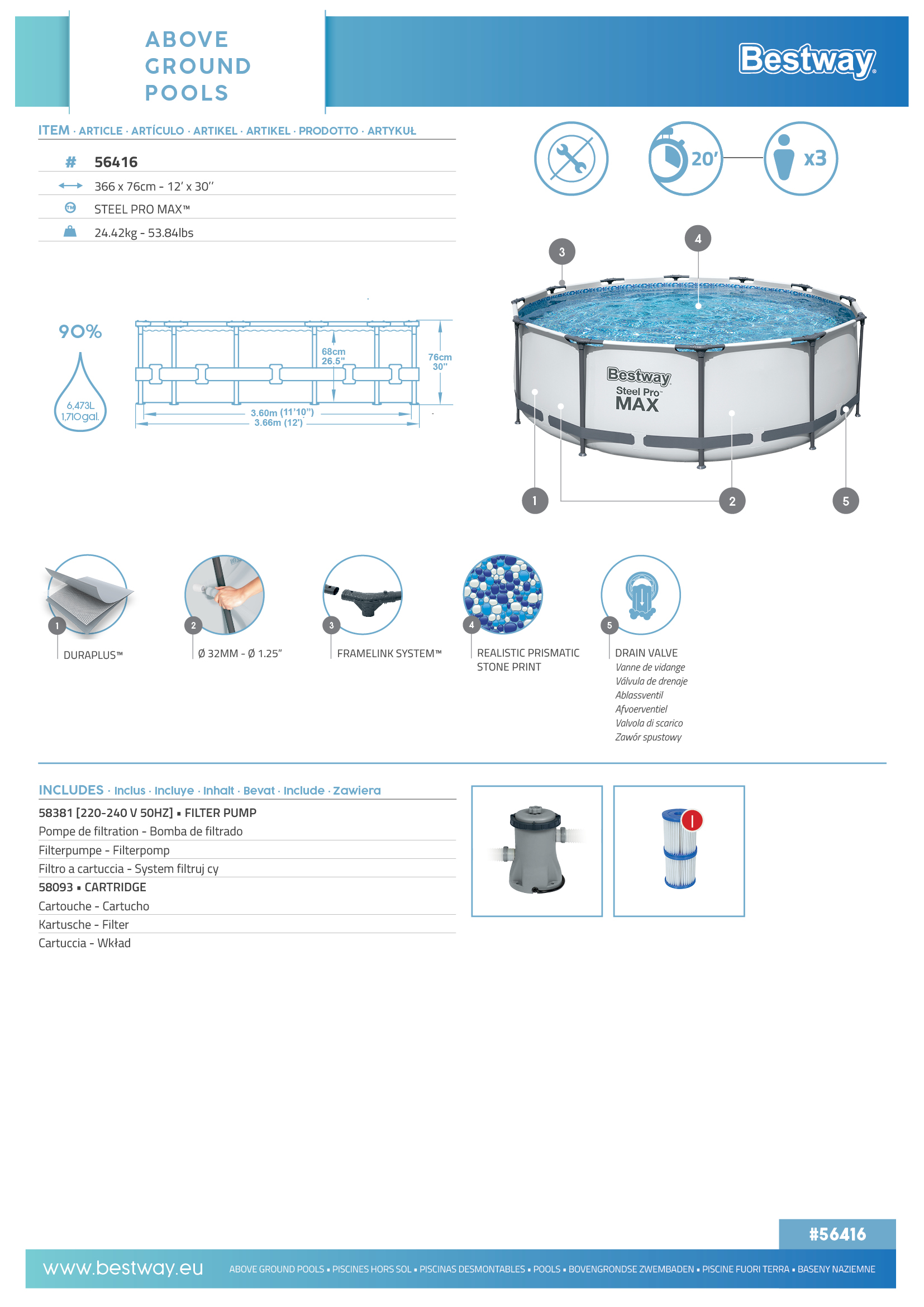 Steel Pro MAX™ Frame Pool Set mit Filterpumpe Ø 366 x 76 cm, lichtgrau, rund