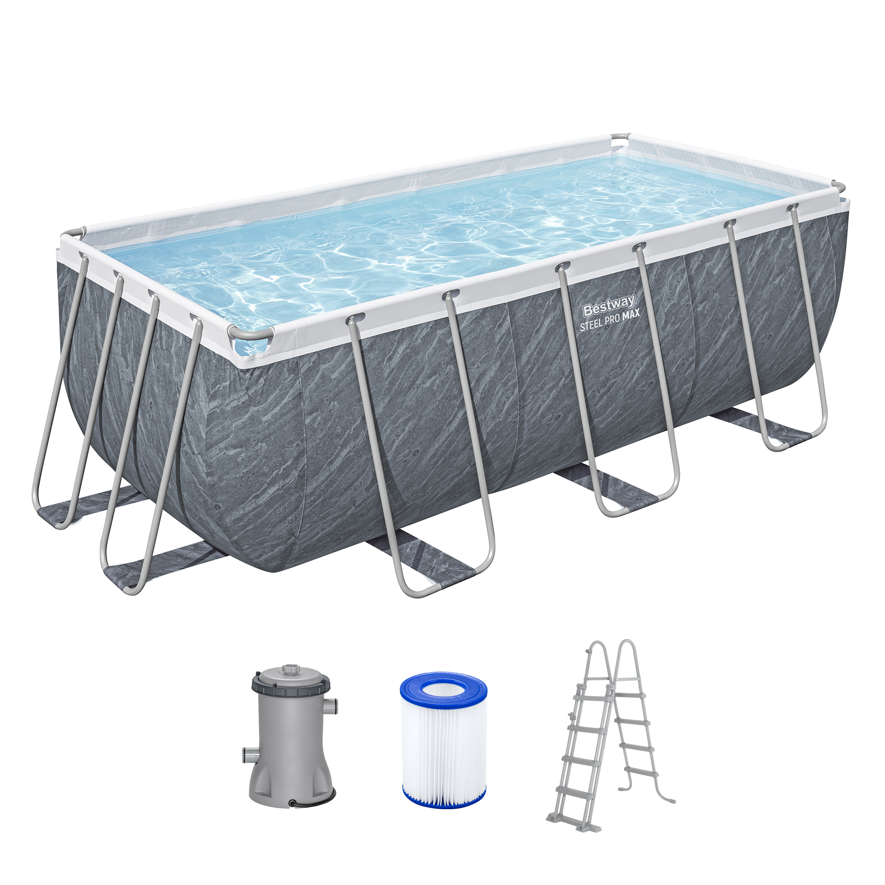Steel Pro MAX™ Frame Pool Set mit Filterpumpe 412 x 201 x 122 cm, Marmor-Optik (Schiefergrau), eckig
