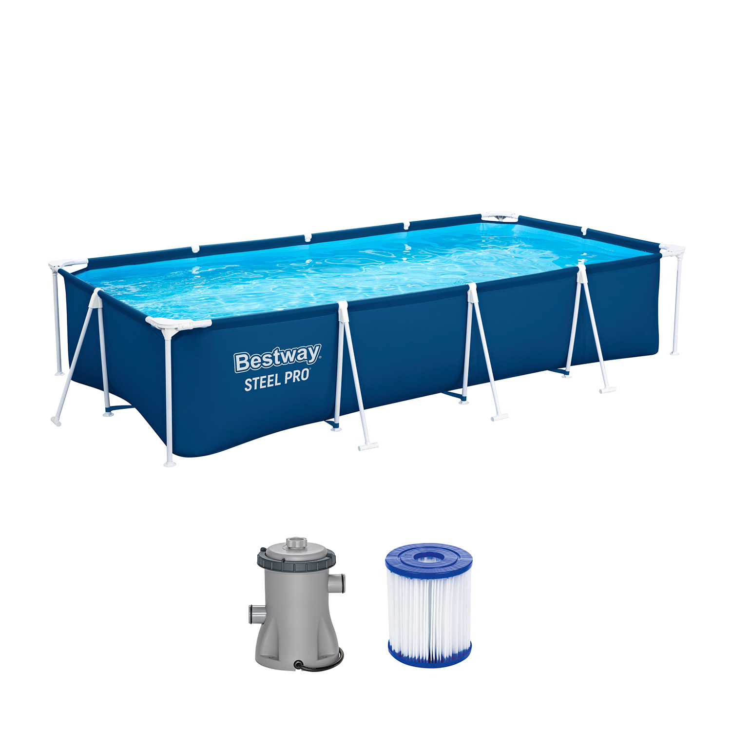 Steel Pro® Frame Pool Set mit Filterpumpe 400 x 211 x 81 cm , dunkelblau, eckig