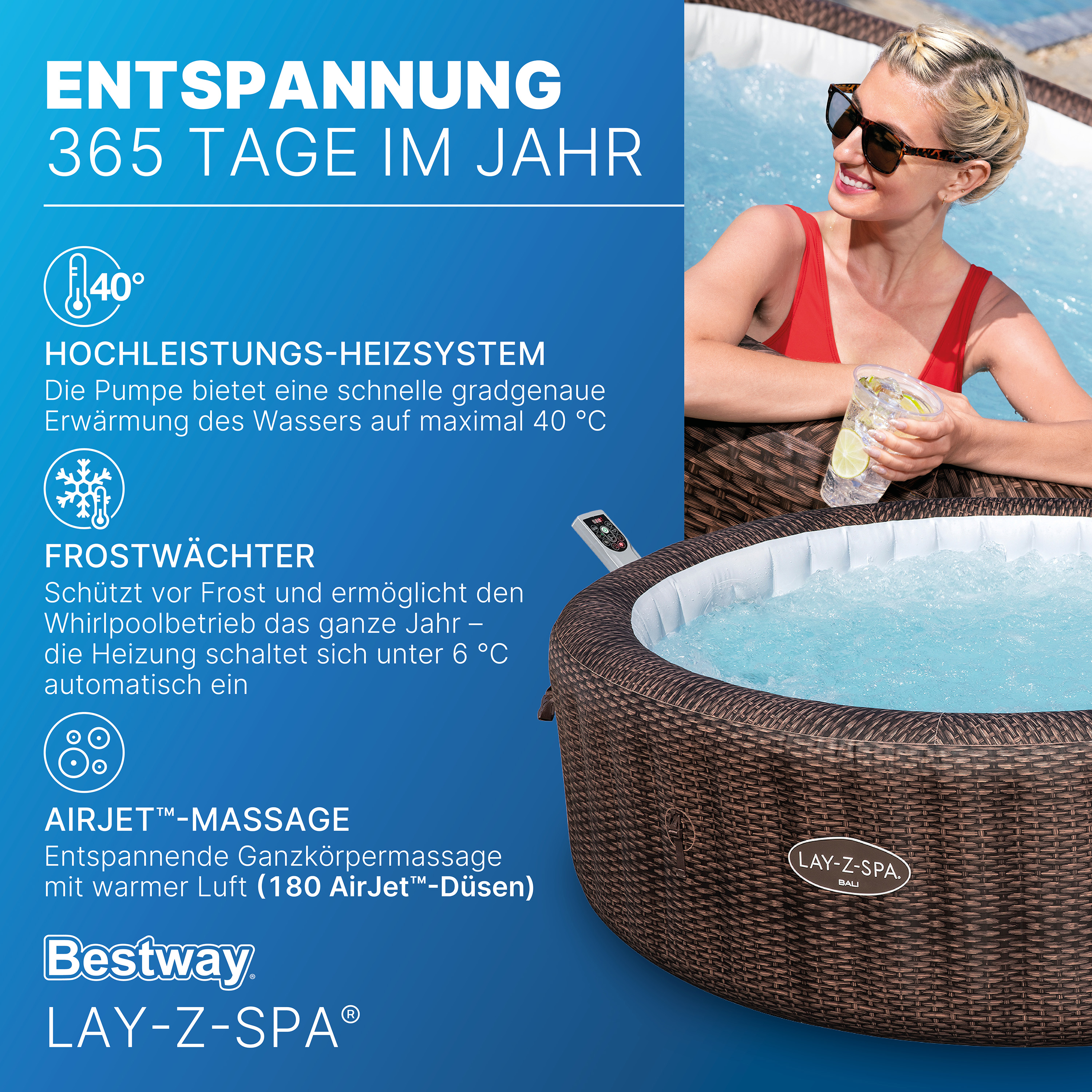 LAY-Z-SPA® Energiespar Whirlpool Bali AirJet™ mit App-Steuerung, für 7 Personen, Ø 216 x 71 cm, Rattan-Optik (Schokobraun)