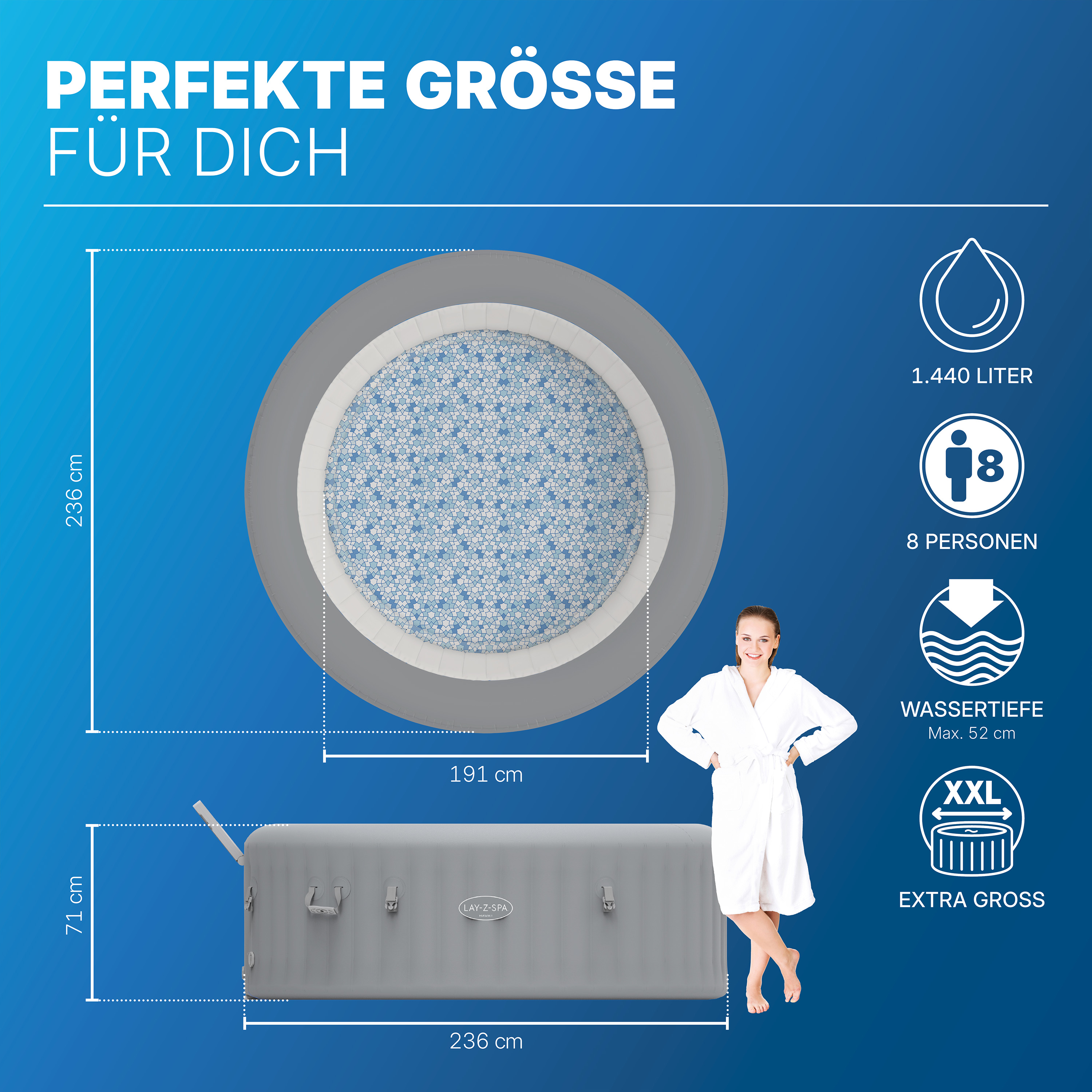 LAY-Z-SPA® WLAN-Whirlpool Hawaii AirJet™ mit App-Steuerung, für 8 Personen Ø 236 x 71 cm, Silbergrau