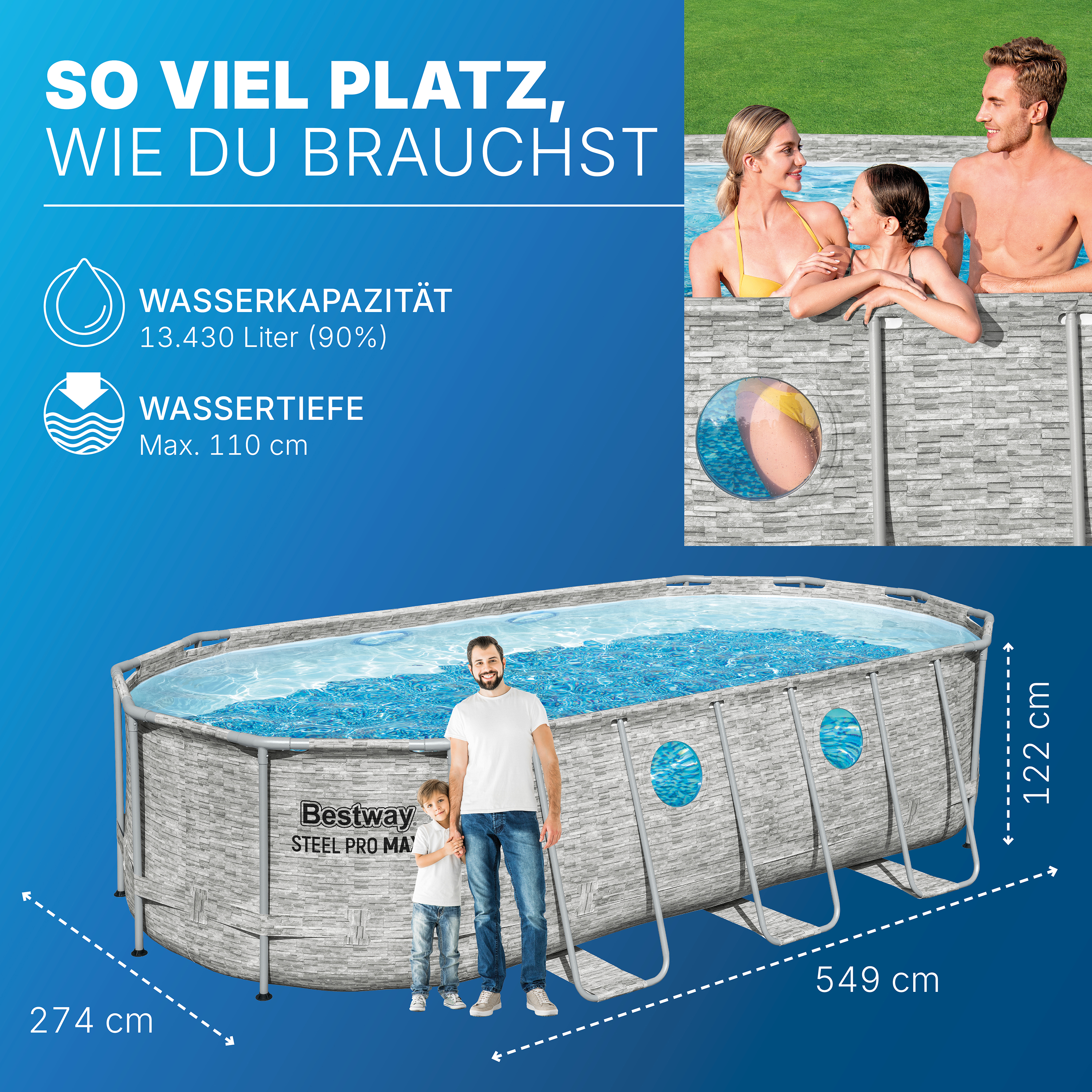Steel Pro MAX™ Splashview™ Solo Pool ohne Zubehör 549 x 274 x 122 cm, Steinwand-Optik (Cremegrau), oval