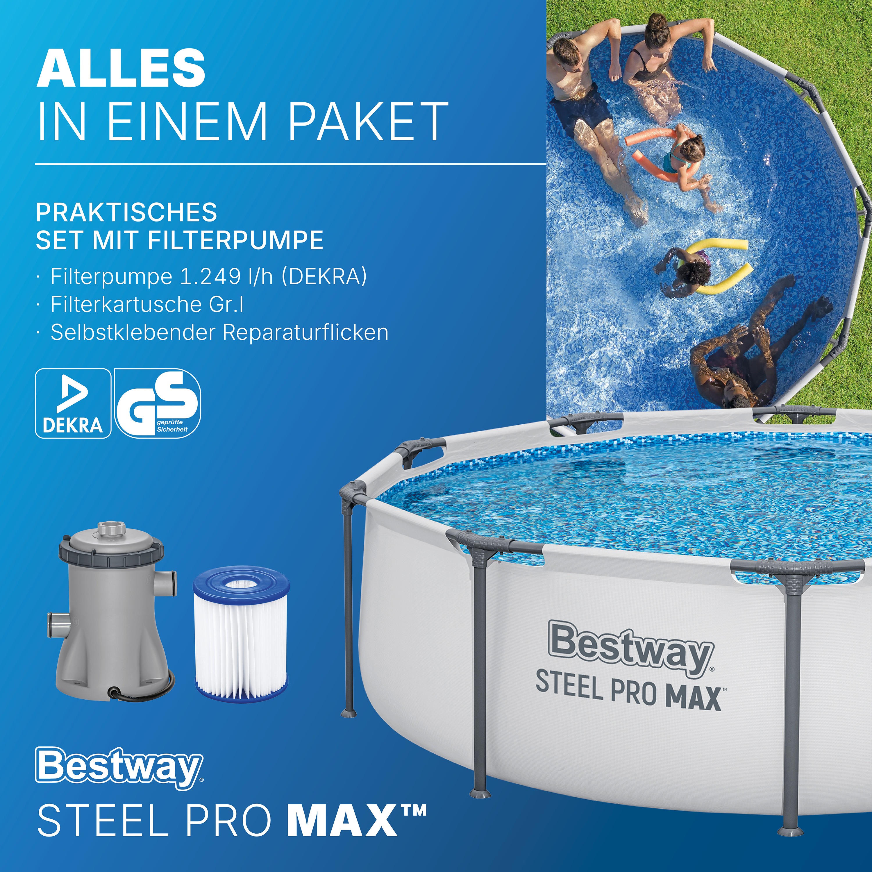 Steel Pro MAX™ Frame Pool Set mit Filterpumpe Ø 305 x 76 cm, lichtgrau, rund