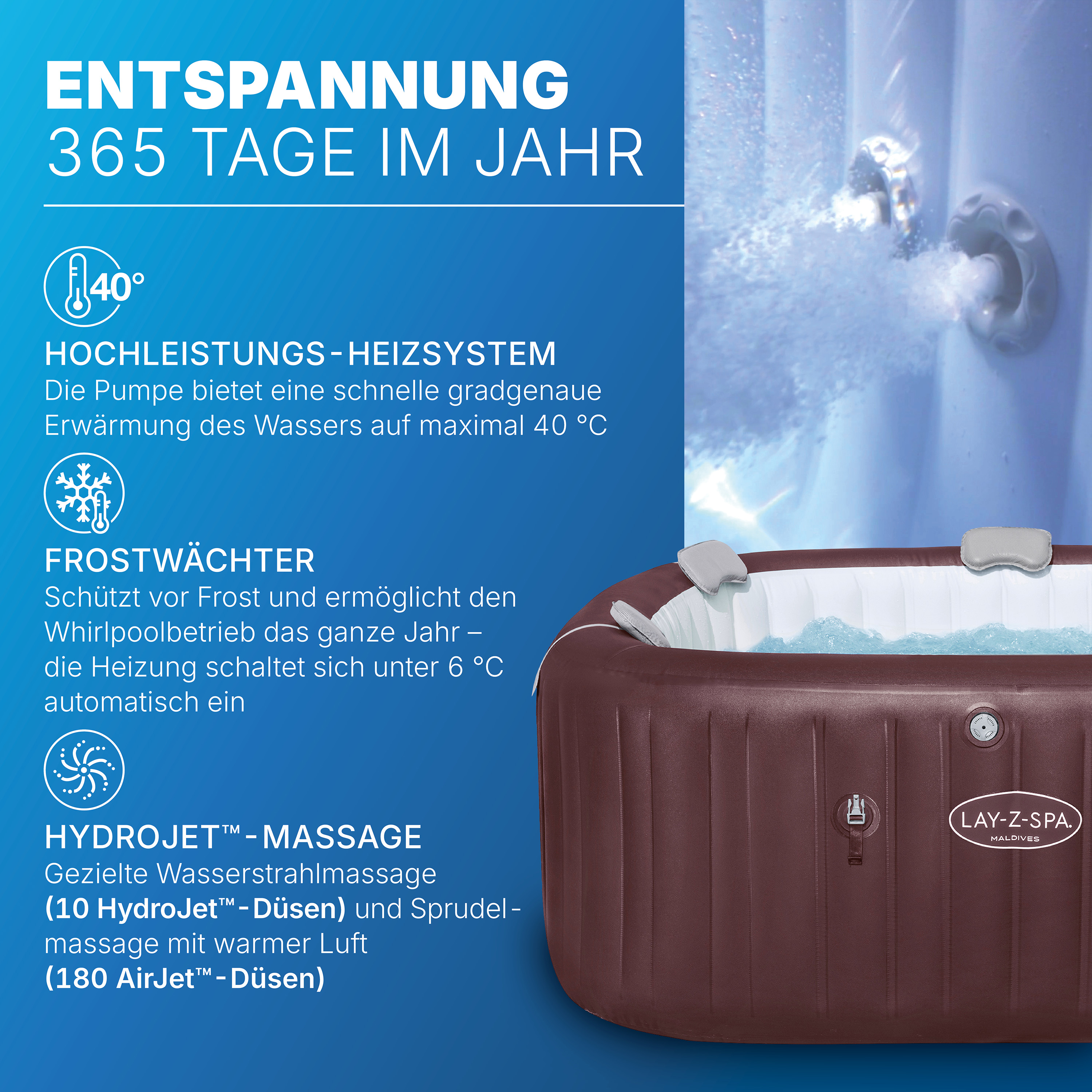 LAY-Z-SPA® WLAN-Whirlpool Maldives HydroJet Pro™ mit App-Steuerung, für 7 Personen 201 x 201 x 80 cm, Mahagoni