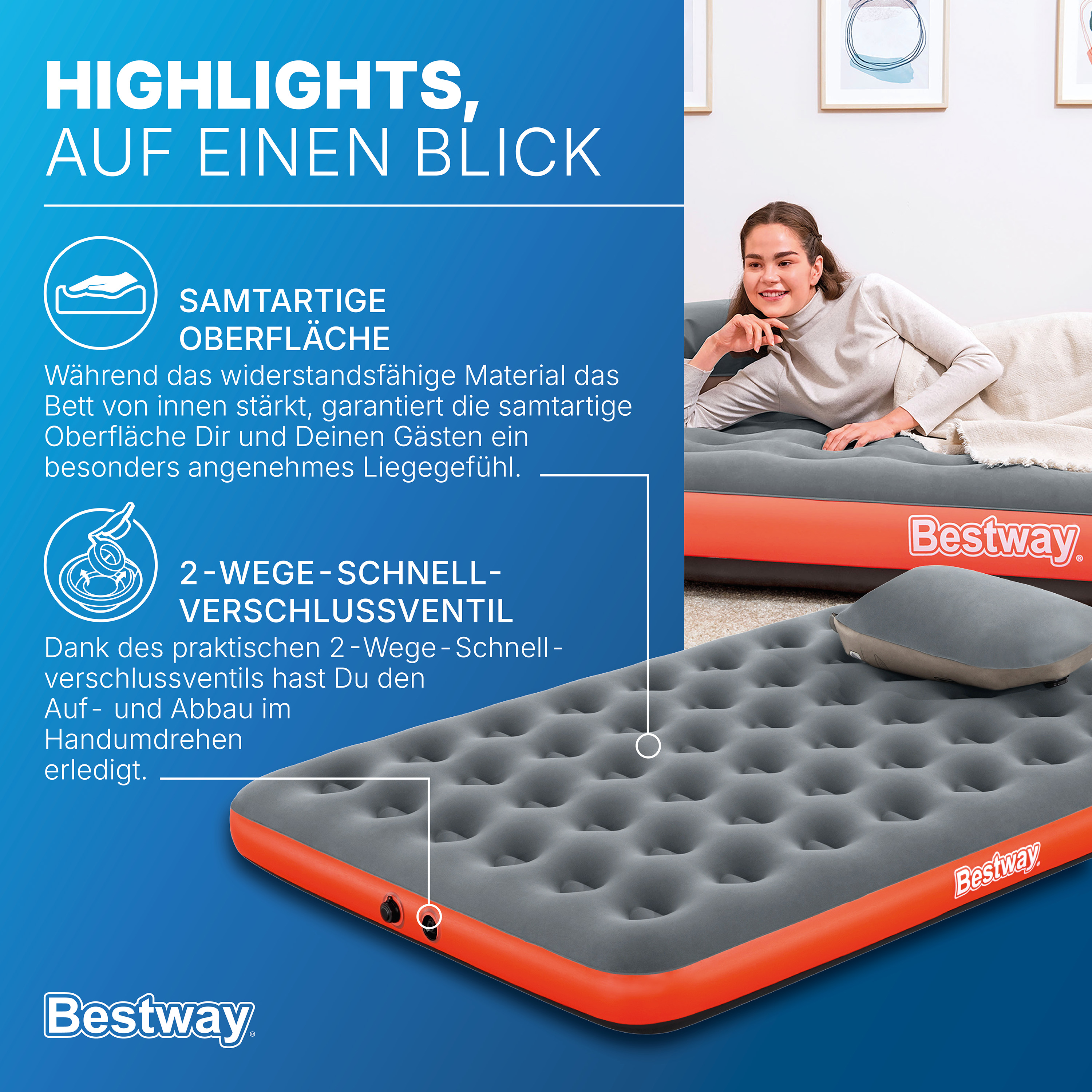 Doppelluftbett Roll & Relax mit Kissenpumpe 203 x 152 x 22 cm