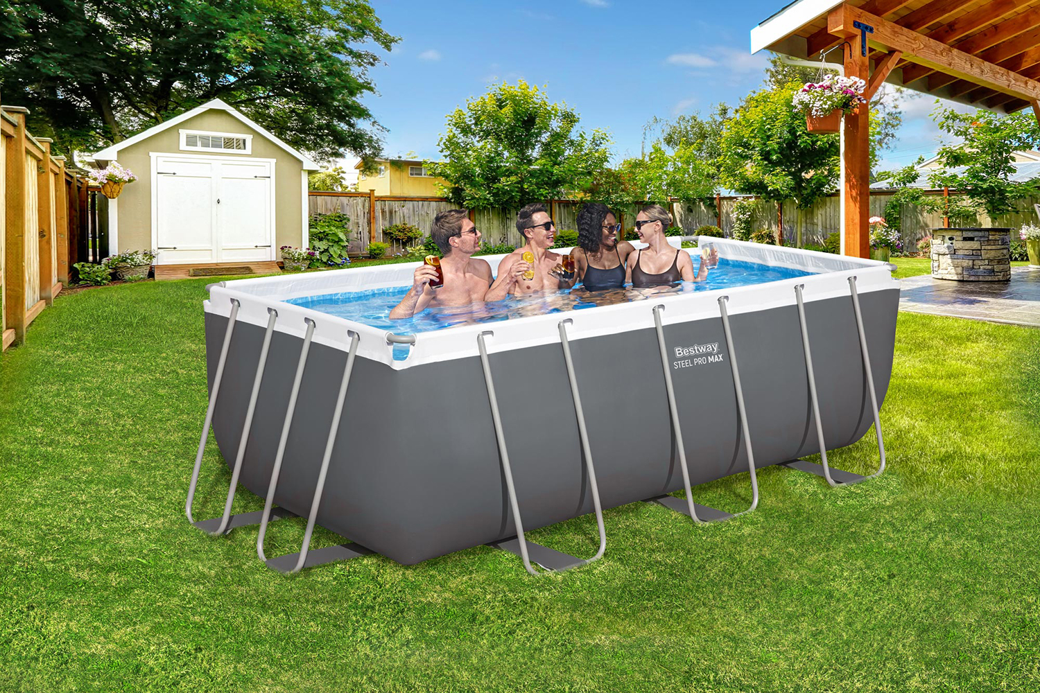 Steel Pro MAX™ Frame Pool Set mit Filterpumpe 412 x 201 x 122 cm, grau, eckig