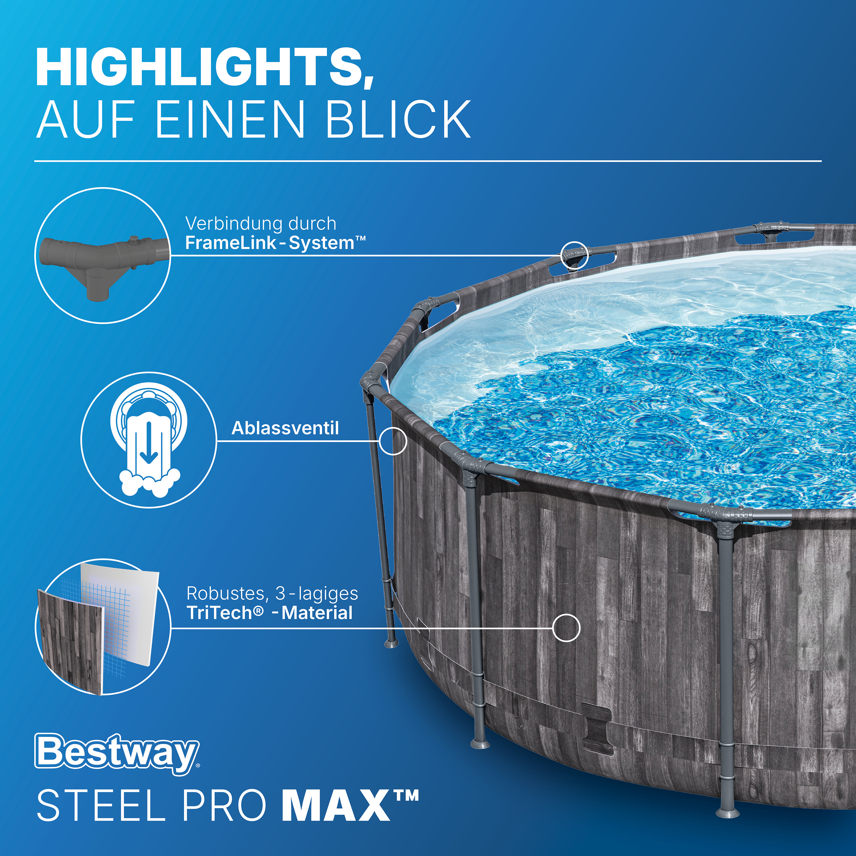 Steel Pro MAX™ Solo Pool ohne Zubehör Ø 366 x 100 cm, Holz-Optik (Mooreiche), rund
