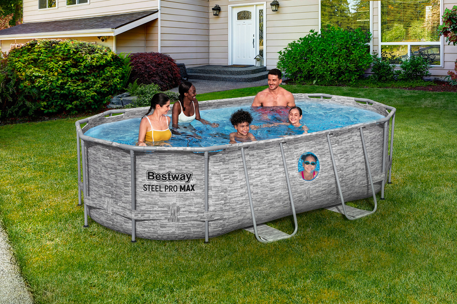 Steel Pro MAX™ Splashview™ Frame Pool Komplett-Set mit Filterpumpe 427 x 250 x 100 cm, Steinwand-Optik (Cremegrau), oval
