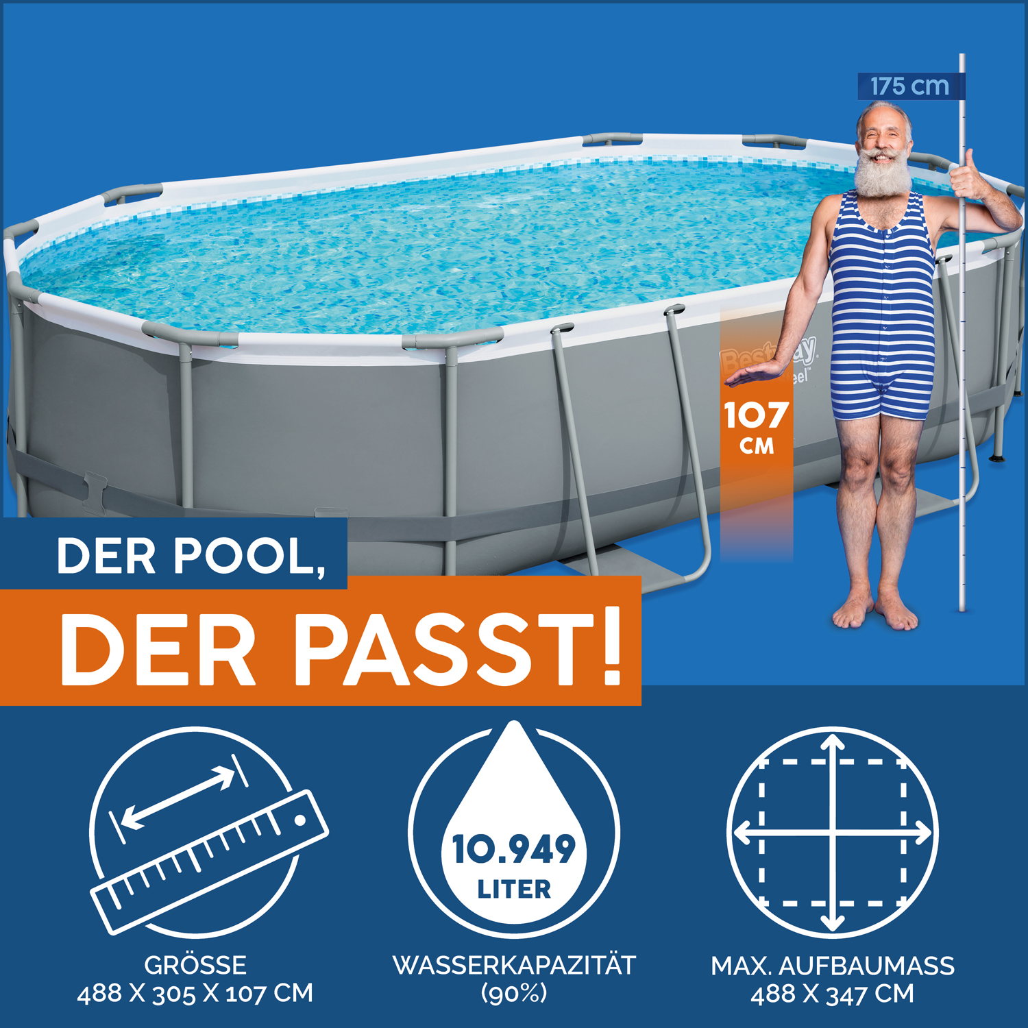 Power Steel™ Frame Pool Komplett-Set mit Filterpumpe 488 x 305 x 107 cm, grau, oval