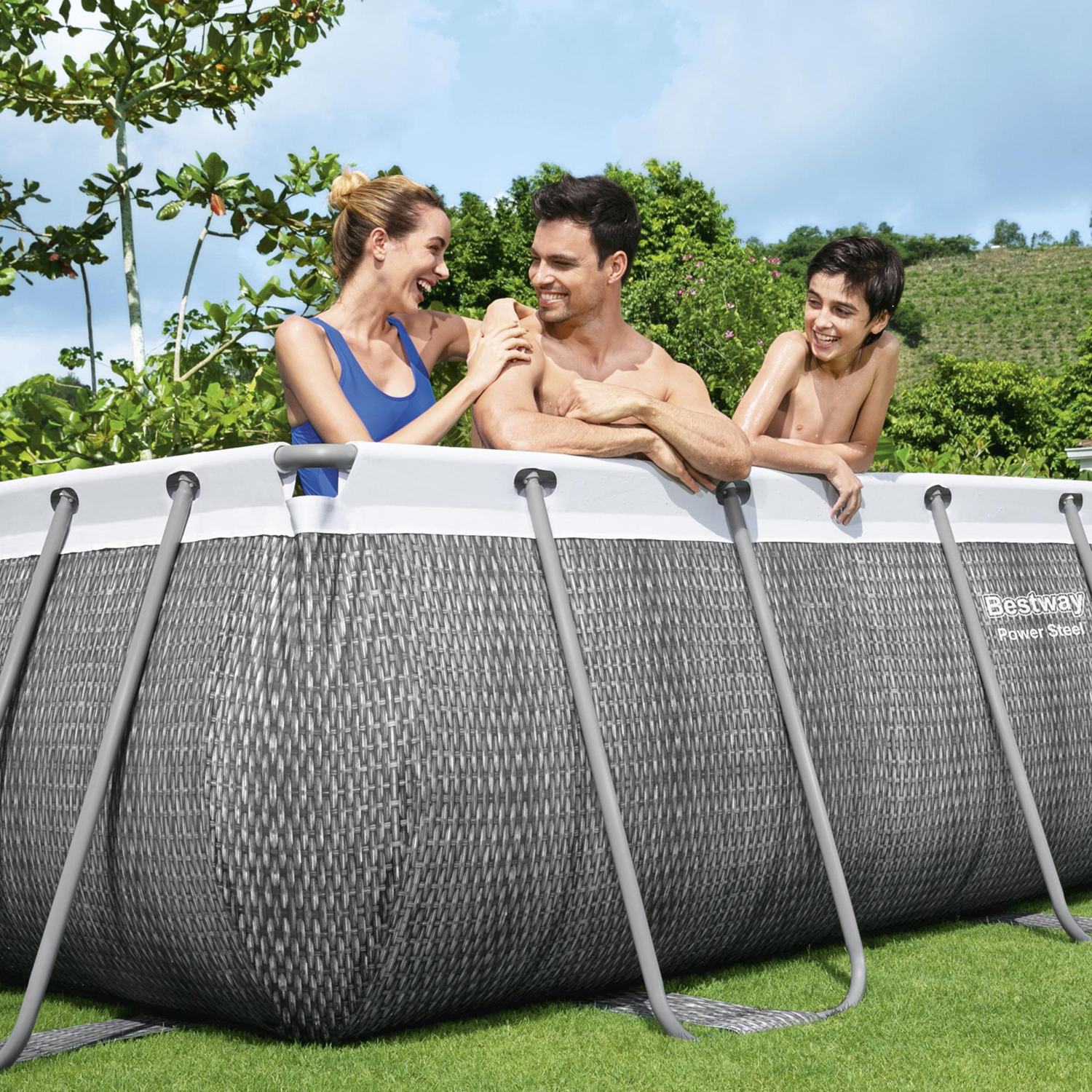 Power Steel™ Frame Pool Set mit Filterpumpe 412 x 201 x 122 cm, Rattan-Optik (Schiefergrau), eckig