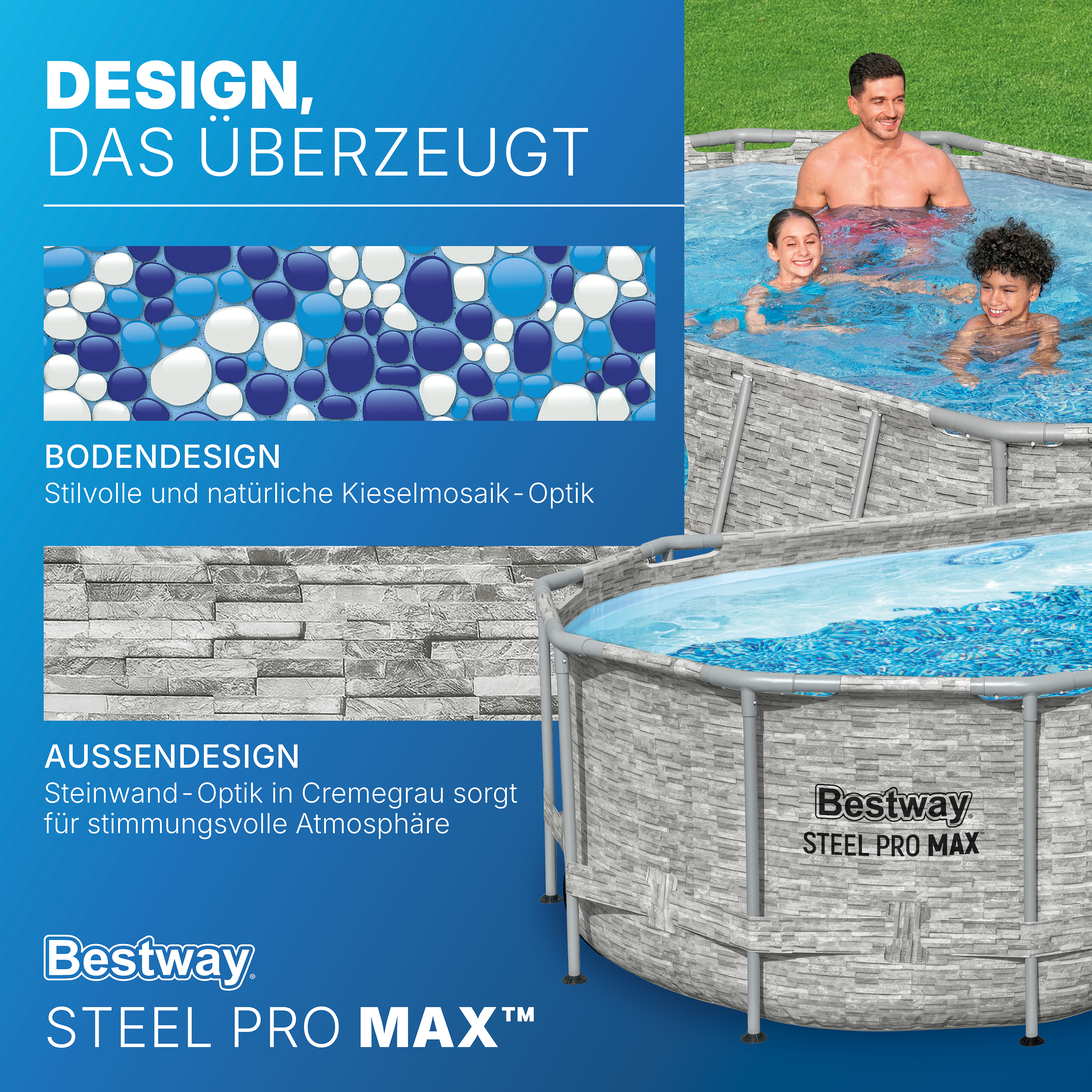Steel Pro MAX™ Splashview™ Solo Pool ohne Zubehör 427 x 250 x 100 cm, Steinwand-Optik (Cremegrau), oval