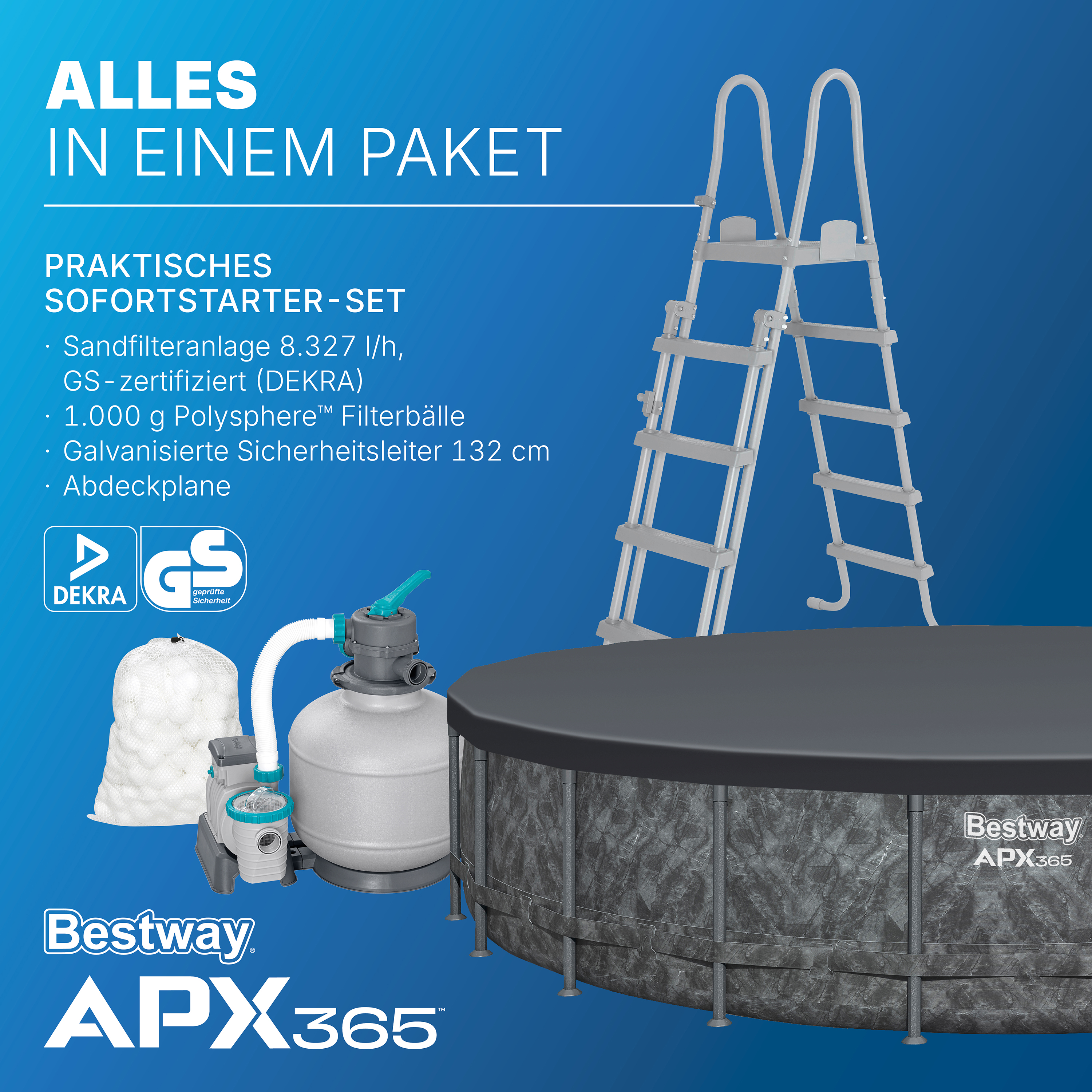 APX365™ Winterfestes Frame Pool Komplett-Set mit Sandfilteranlage Ø 671 x 132 cm, Marmor-Optik (Dunkel), rund