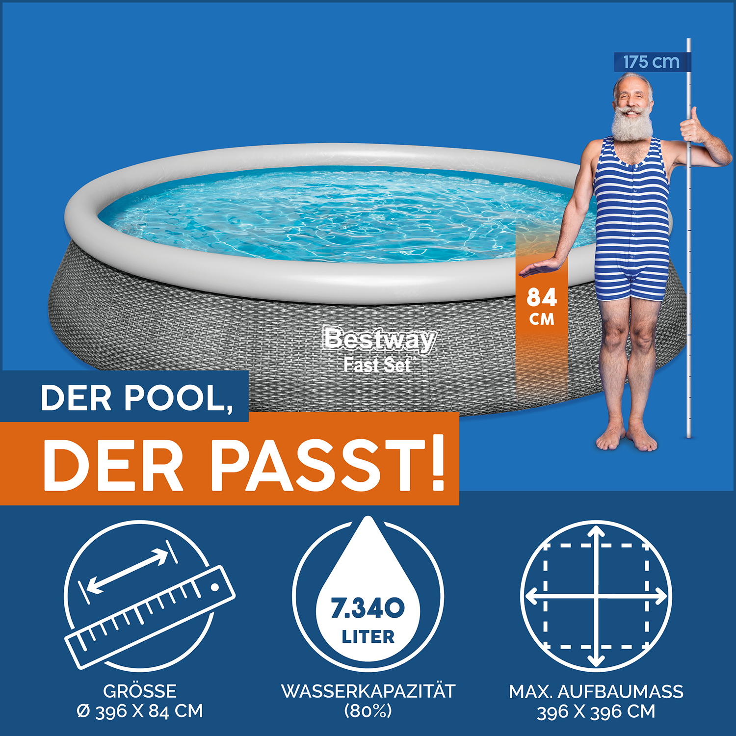 Fast Set™ Aufstellpool-Set mit Filterpumpe Ø 396 x 84 cm, Rattan-Optik (Schiefergrau), rund