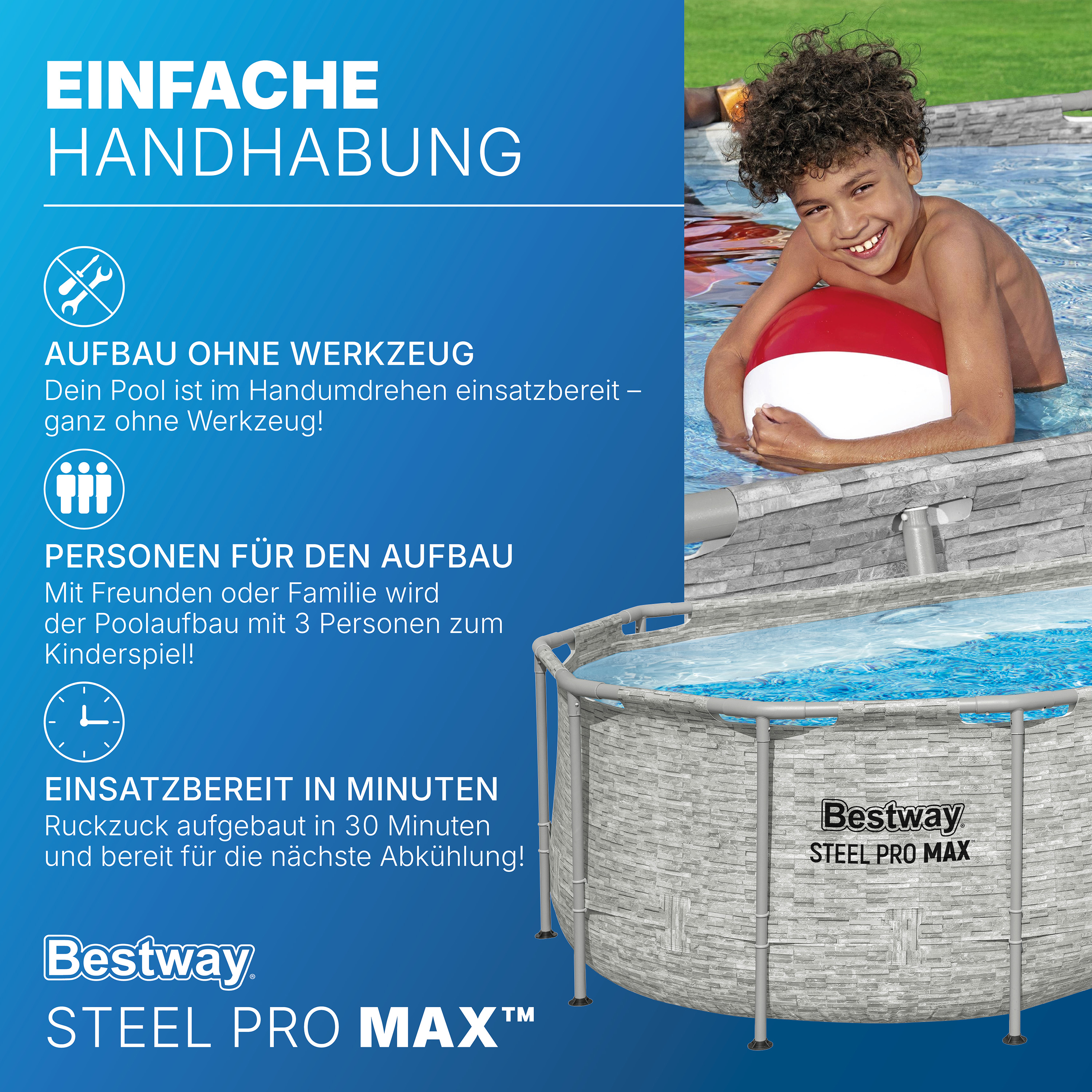 Steel Pro MAX™ Splashview™ Frame Pool Komplett Set mit Filterpumpe 427 x 250 x 100 cm, Steinwand-Optik (Cremegrau), oval