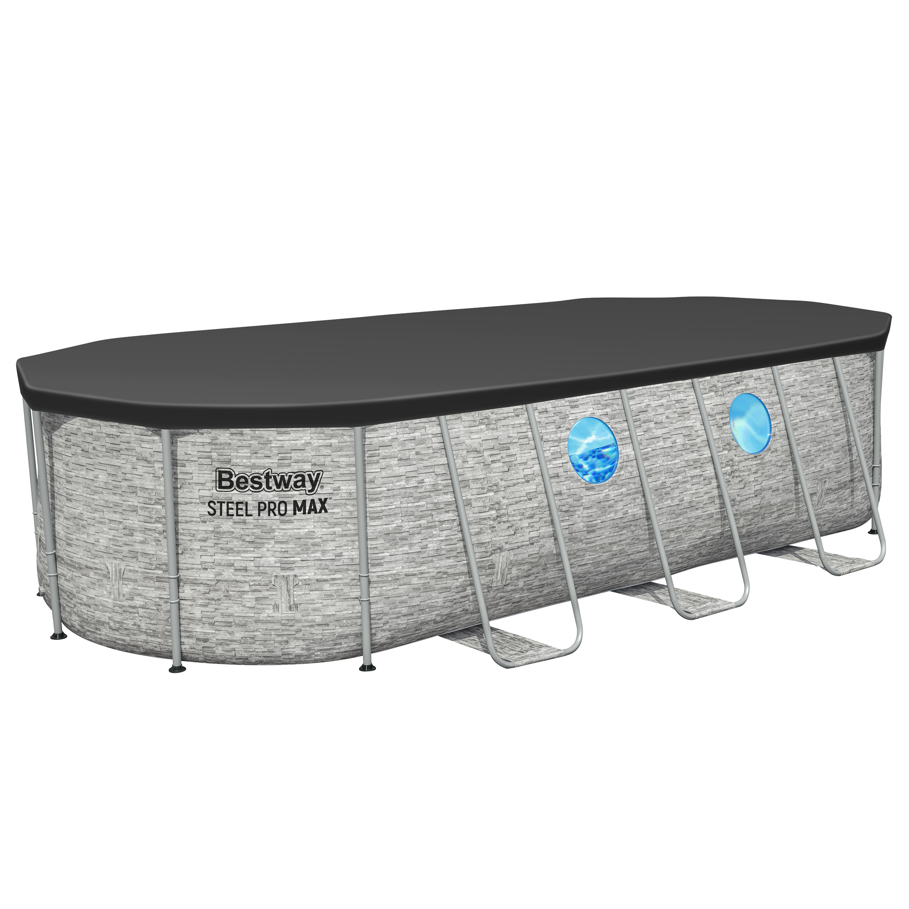 Steel Pro MAX™ Splashview™ Frame Pool Komplett Set mit Filterpumpe 549 x 274 x 122 cm, Steinwand-Optik (Cremegrau), oval