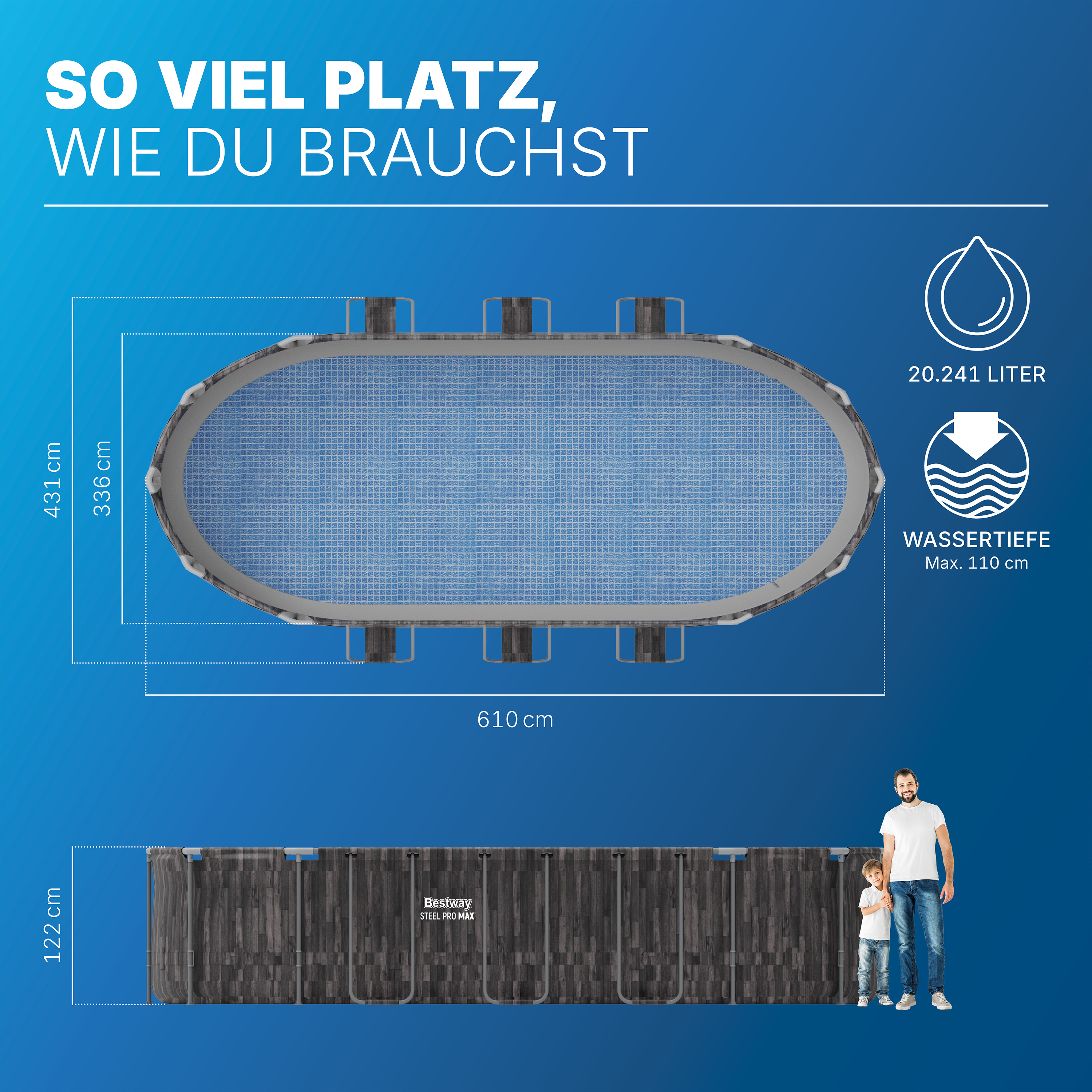Steel Pro MAX™ Frame Pool Komplett Set mit Filterpumpe 610 x 366 x 122 cm , Holz-Optik (Mooreiche), oval
