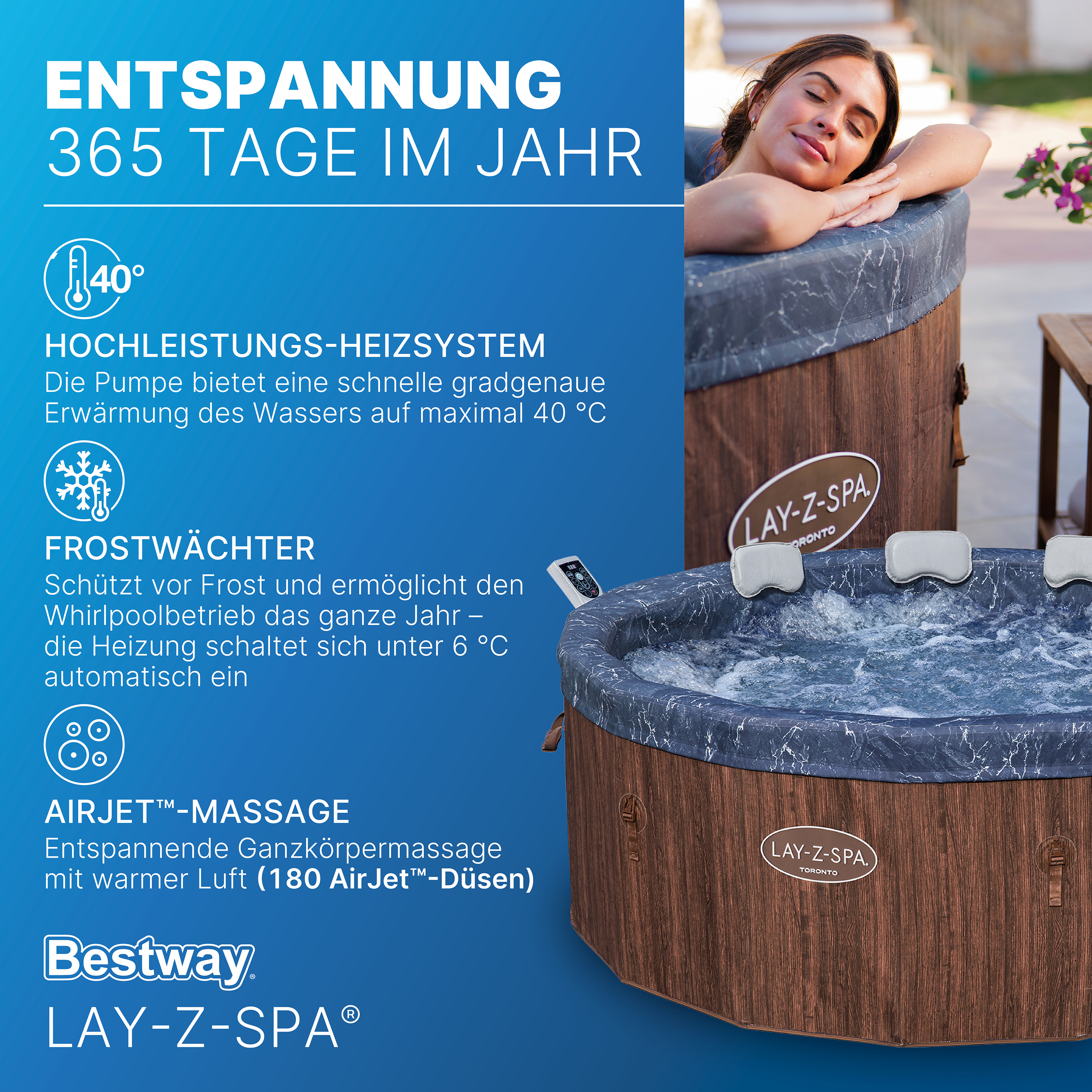 LAY-Z-SPA® Energiespar Whirlpool Toronto AirJet™ mit Schaumstoffpaneelen & App-Steuerung, für 7 Personen Ø 190 x 70 cm