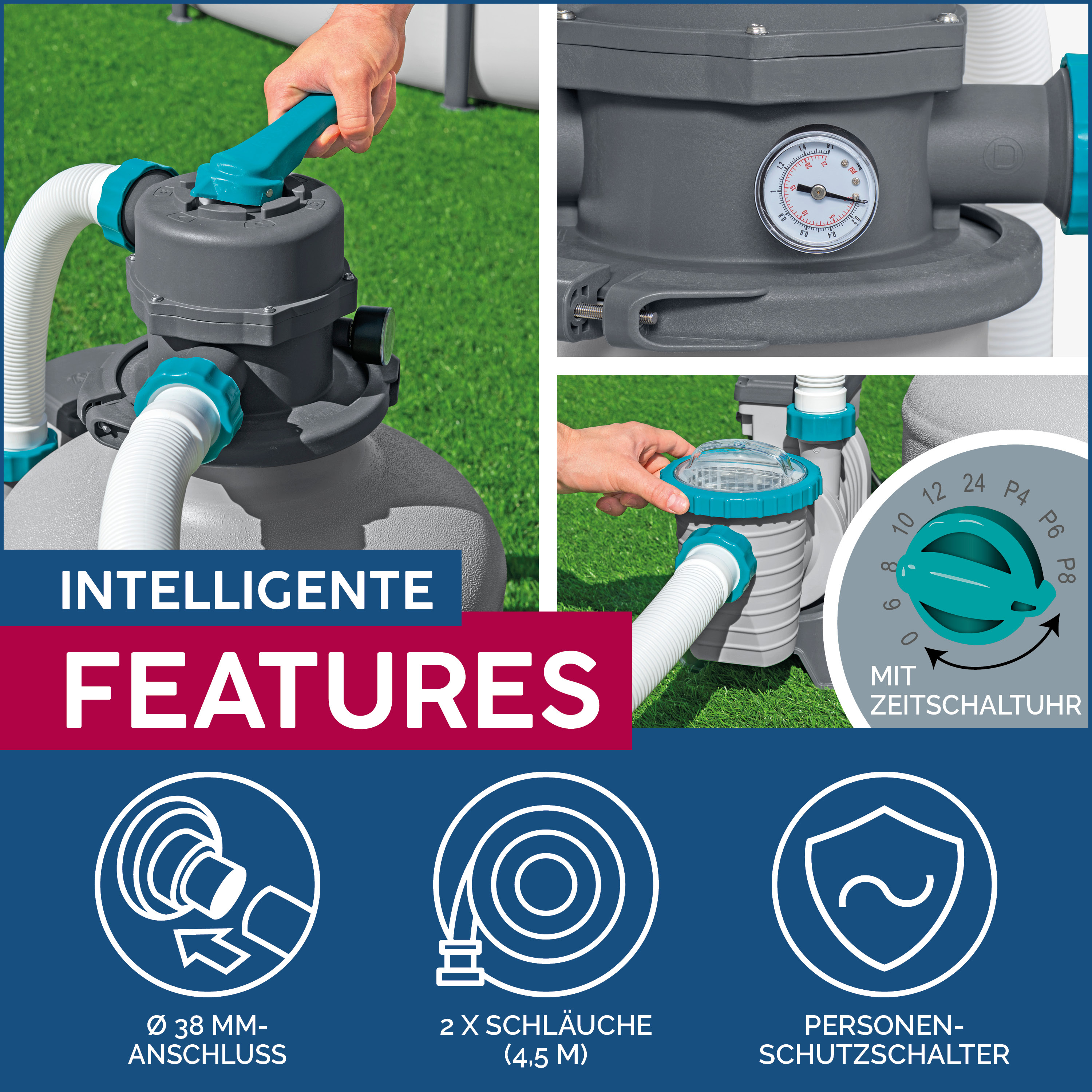 Sandfilteranlage mit Zeitschaltuhr 6.056 l/h, 230 W