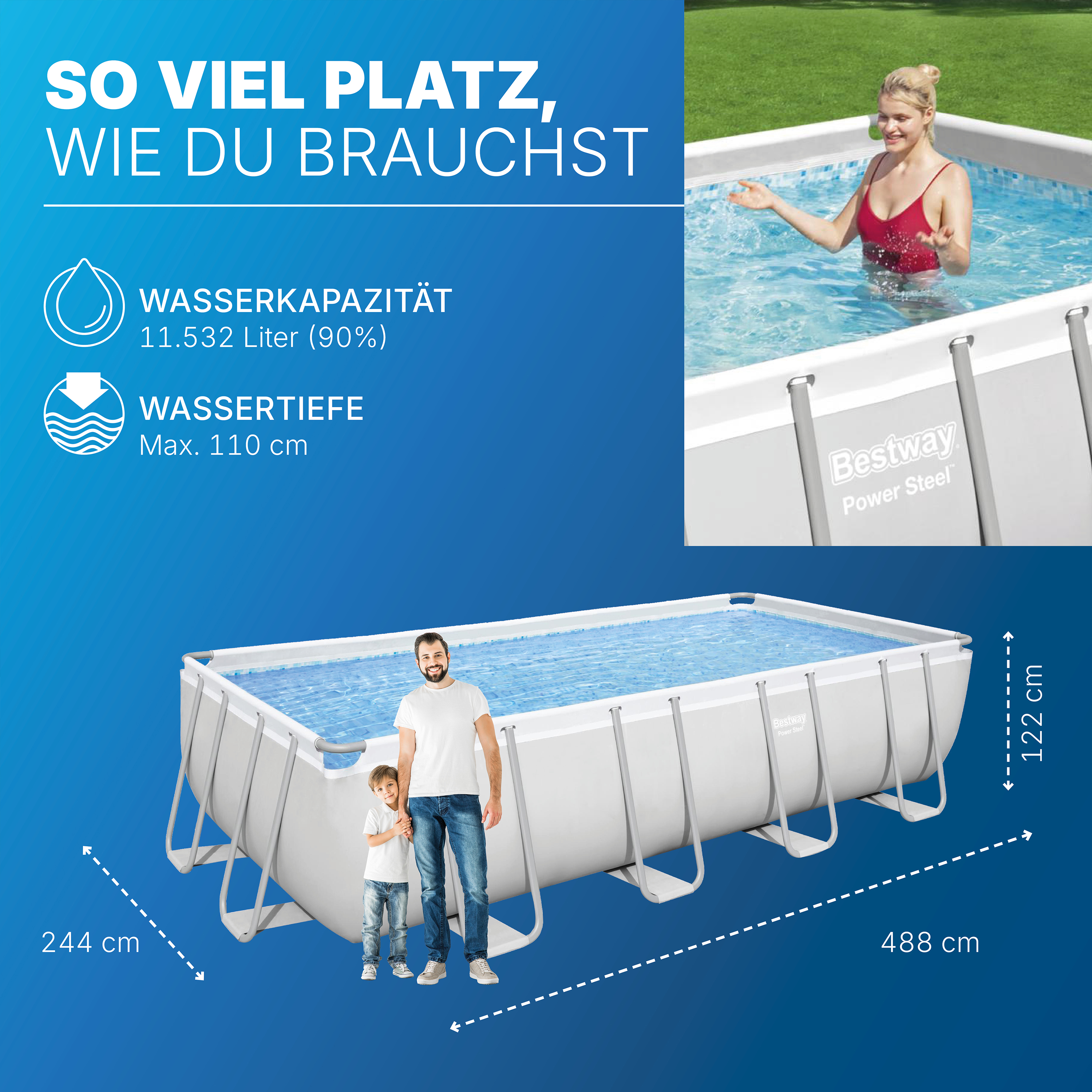 Power Steel™ Frame Pool Komplett Set mit Sandfilteranlage 488 x 244 x 122 cm, lichtgrau, eckig