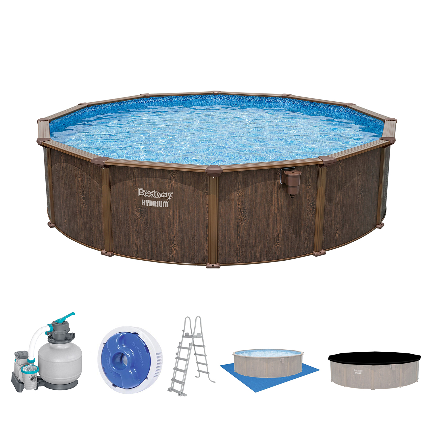 Hydrium™ Stahlwandpool Komplett-Set mit Sandfilteranlage  Ø 488 x 132 cm, Holz-Optik (Palisander), rund