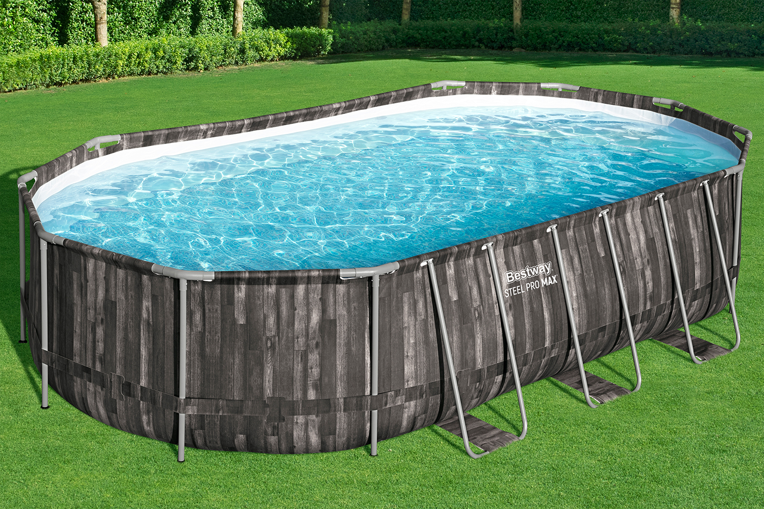 Steel Pro MAX™ Frame Pool Komplett-Set mit Filterpumpe 610 x 366 x 122 cm , Holz-Optik (Mooreiche), oval