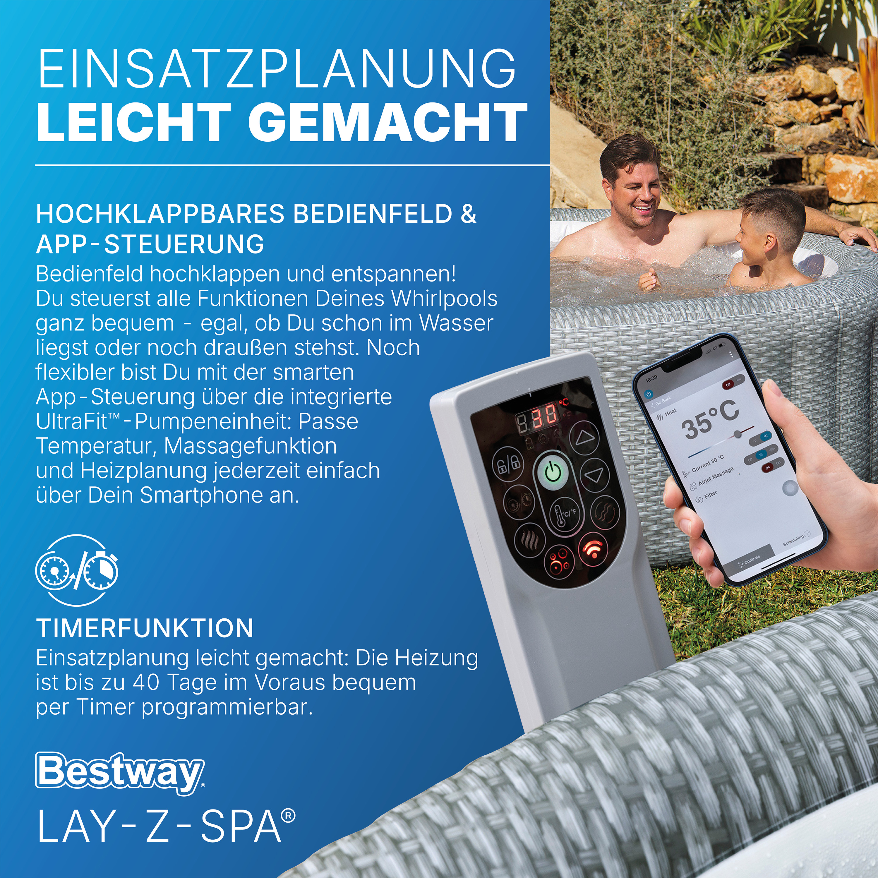 LAY-Z-SPA® WLAN-Whirlpool Bali AirJet™ mit App-Steuerung, Ø 196 x 71 cm, für 6 Personen, Rattan-Optik (Lichtgrau)