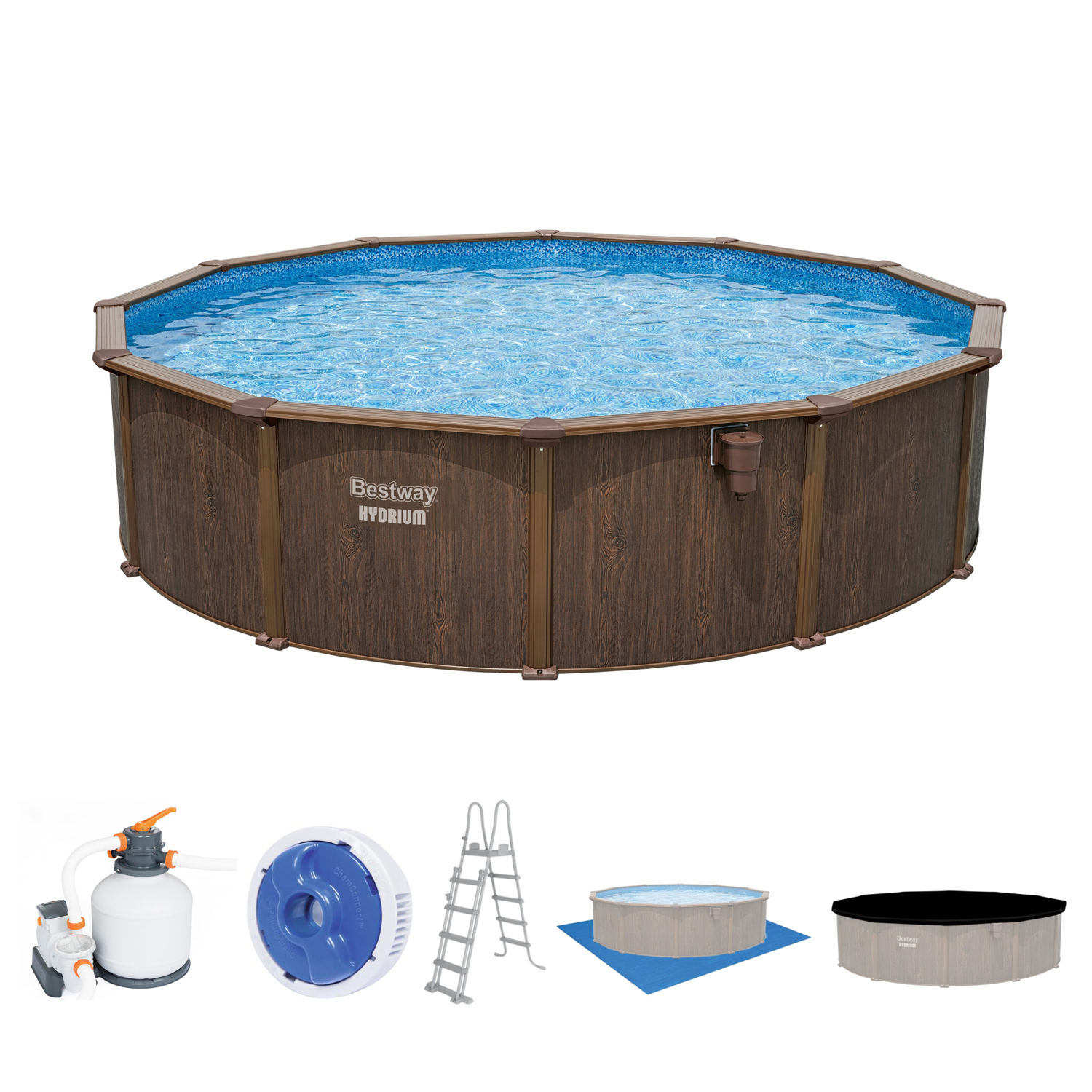 Hydrium™ Stahlwandpool Komplett-Set mit Sandfilteranlage Ø 490 x 130 cm, Holz-Optik (Palisander), rund