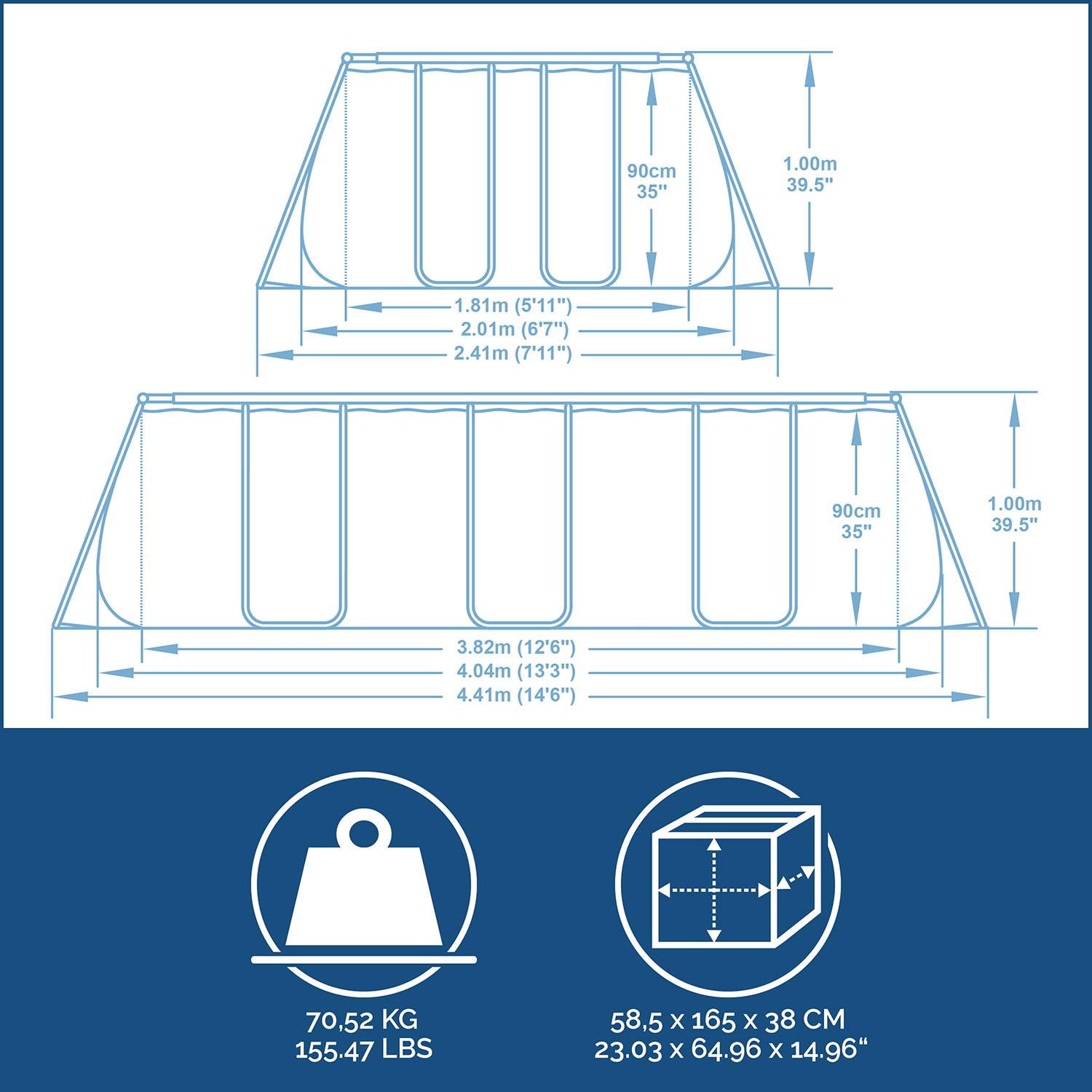 Power Steel 13'3" x 6'7" x 39.5"/4.04m x 2.01m x 1.00m Rectangular Pool